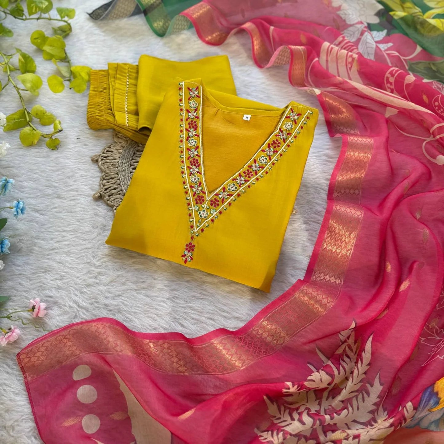 Premium Roman Silk Kurti Set with Hand Embroidery & Jacquard Dupatta 3PC Festive Wear at Wholesale Price