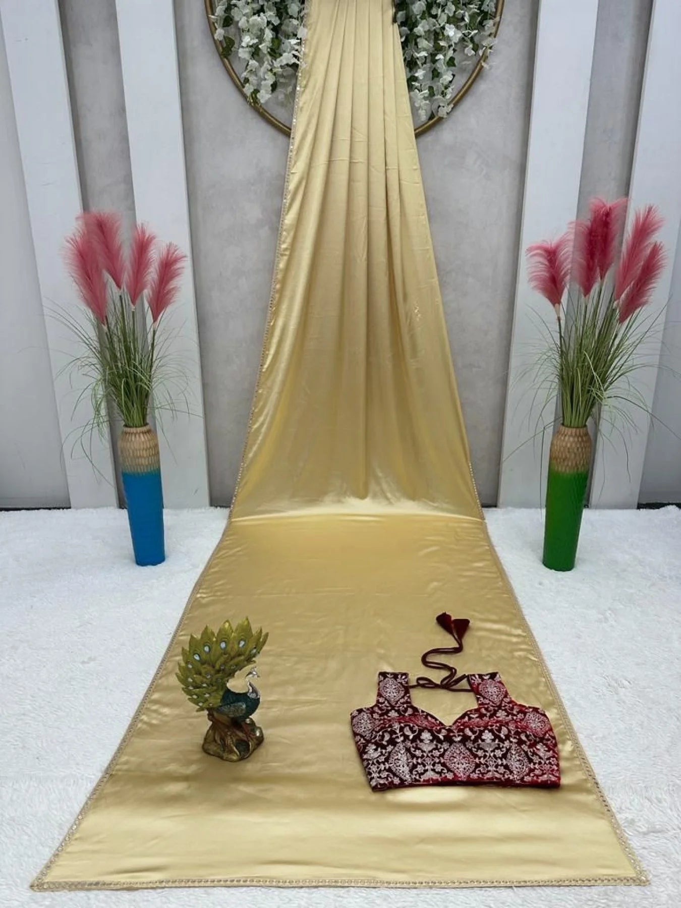 Cream Color Japan Satin Sequence Lace Work Saree