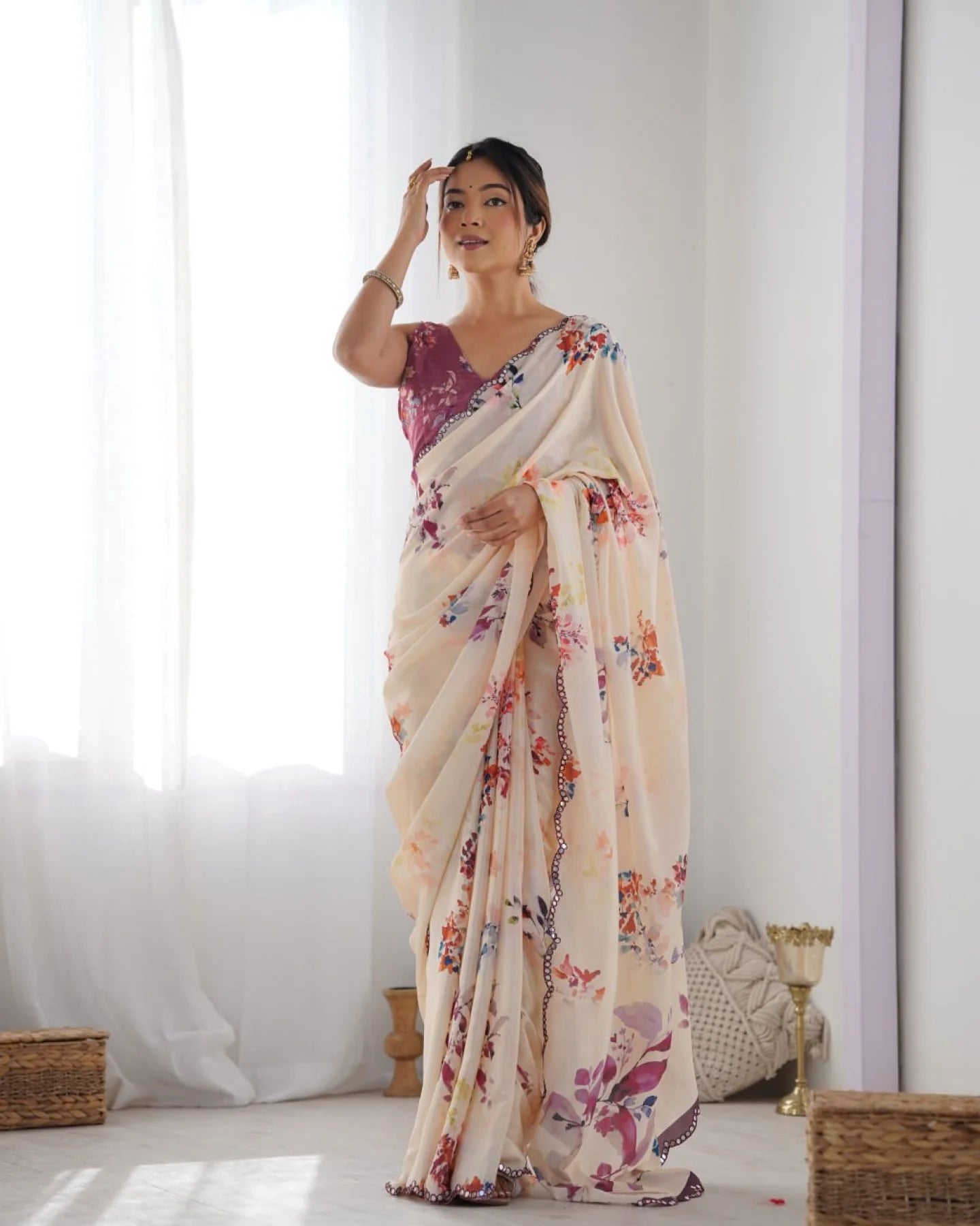 Flower Design Digital Chinnon Saree with Contrast Mirror Lace Trendy Floral Fashion at Factory Price