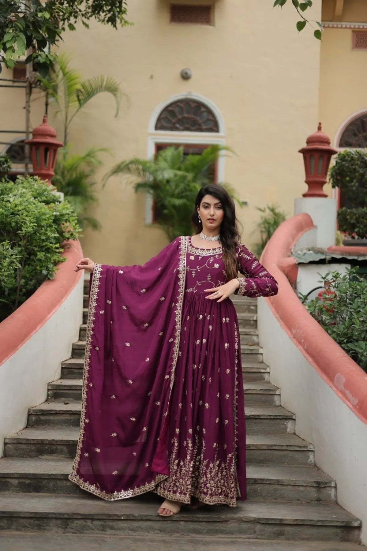 Stunning Wine Color Chinon Designer Embroidered Salwar Suit