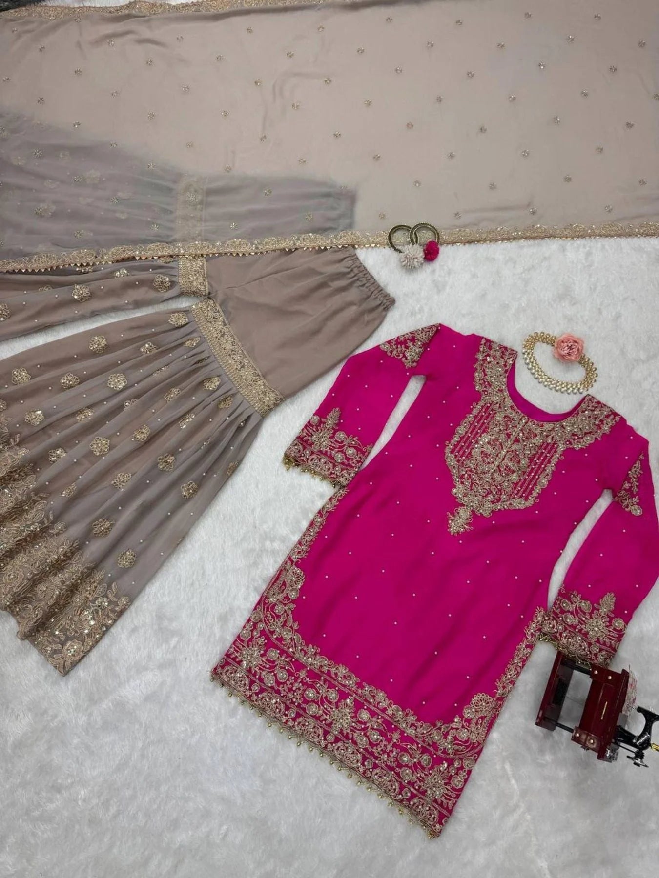 Beautiful Designer faux Georgette Sequence Pink Sharara set with Dupatta