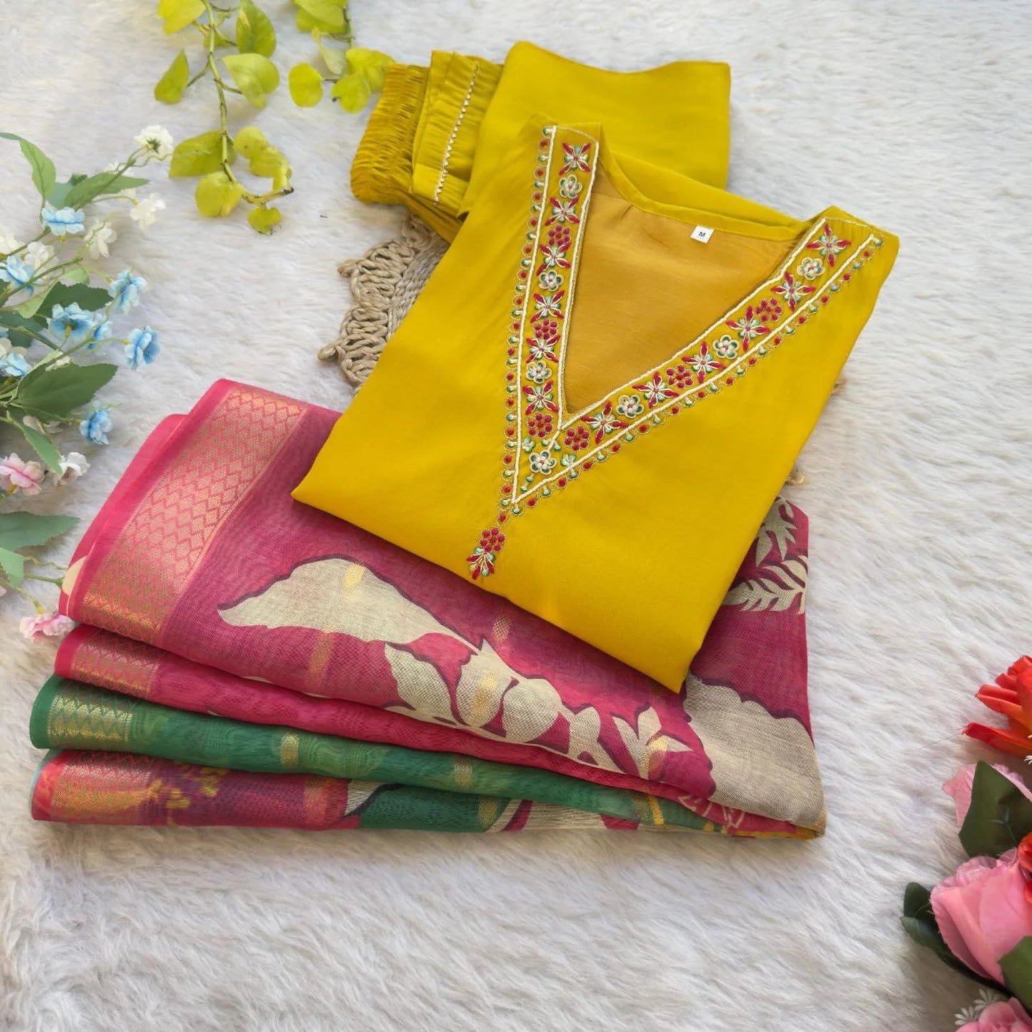 Premium Roman Silk Kurti Set with Hand Embroidery & Jacquard Dupatta 3PC Festive Wear at Wholesale Price