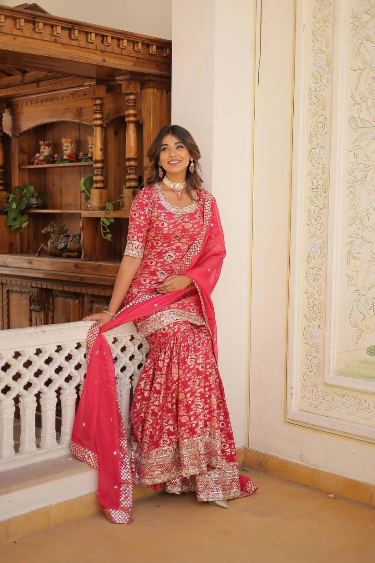 Ready to Wear Rani pink Kurti Gharara in Viscose Jacquerd and Embroidery Sequence work with Russion Silk Dupatta
