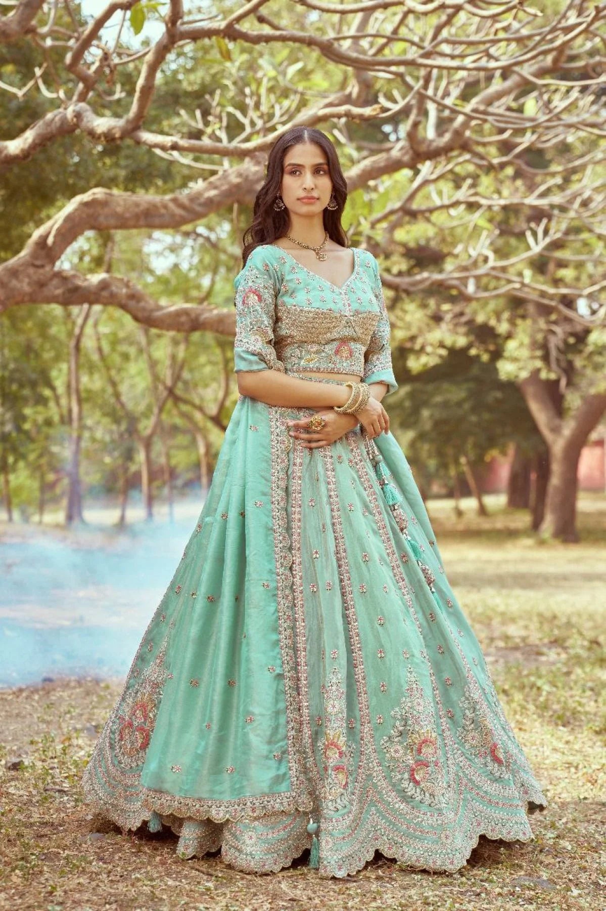 Sea Green Crushed Tissue Bridal Lehenga Multi Embroidery with Moti Zari Dupatta Latest Exporter Designer
