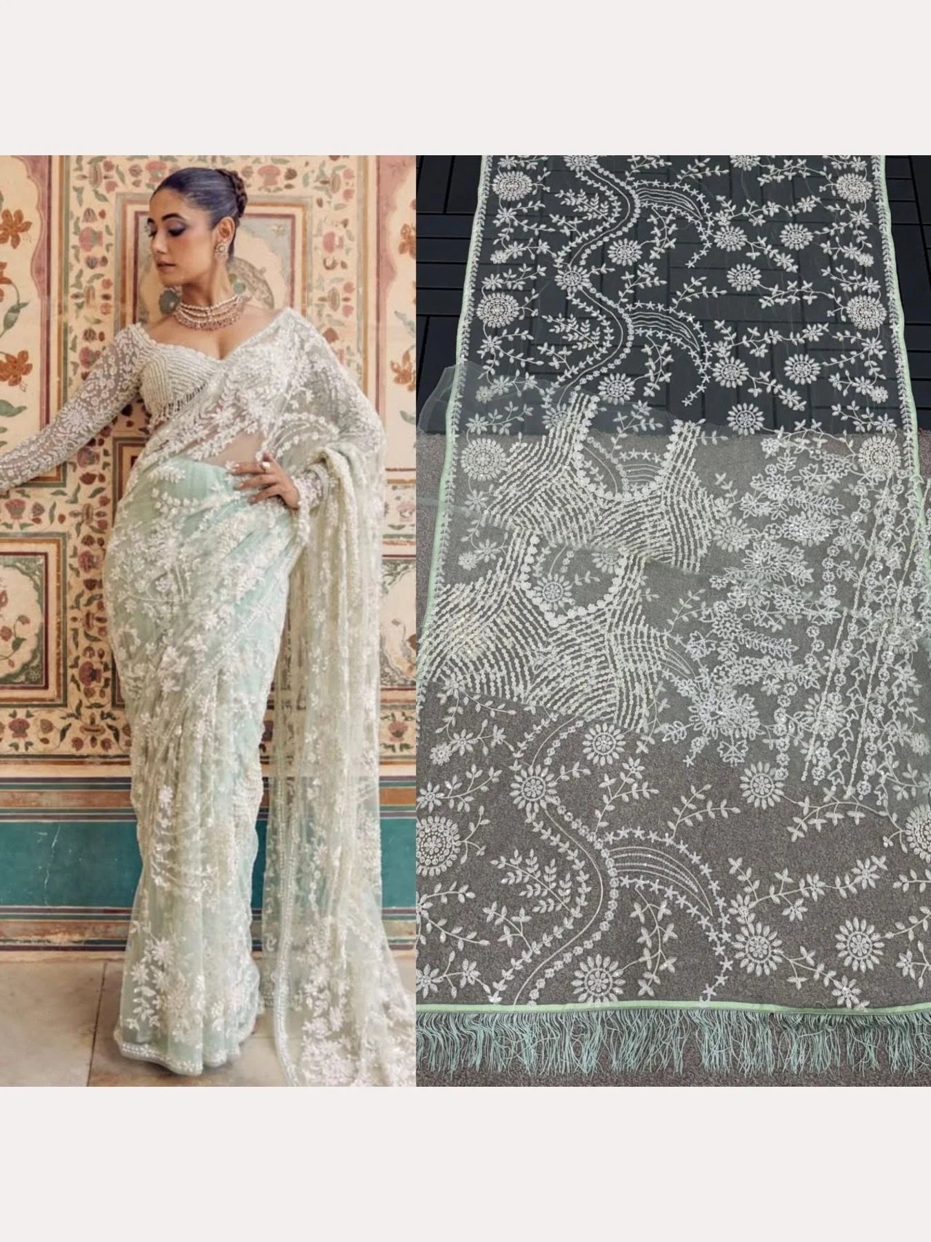 Bollywood Style Heavy Designer Mono net Saree with Beautiful Zalar attached pallu