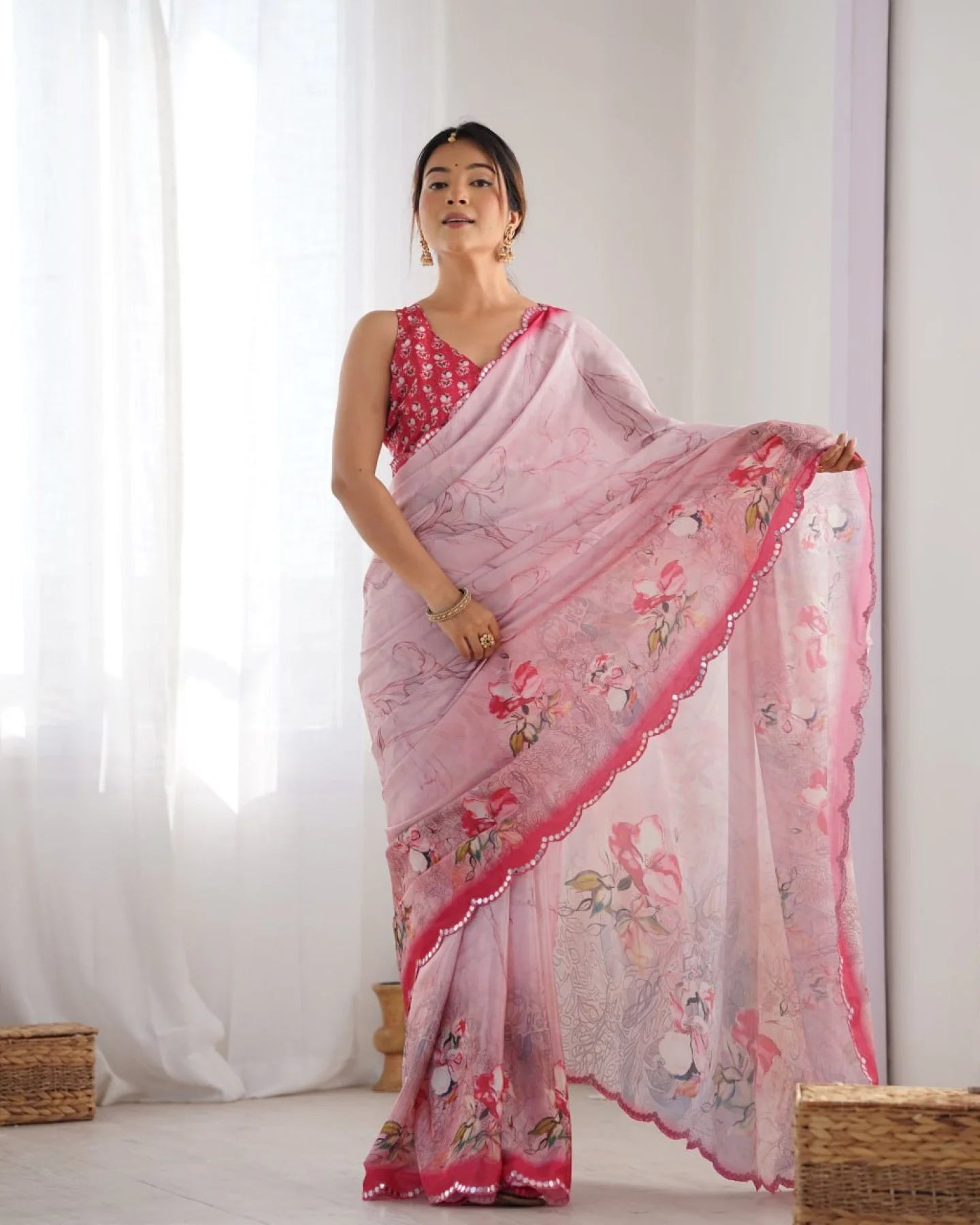 Baby Pink Chinon Saree with Pure Kutchi Mirror Work Lace Special Occasion Wear from Top Surat Supplier