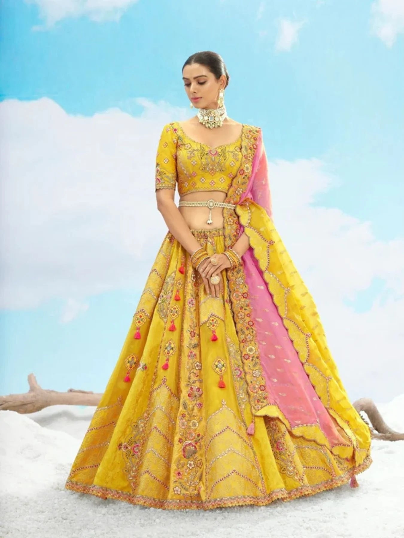 Designer Wedding Yellow Gold Bridal Lehenga Choli with Embroidery Cutwork Border
