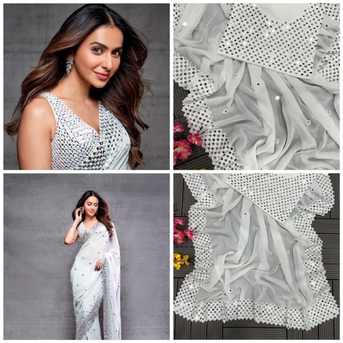 White Super Trending Georgette Mirror work Saree