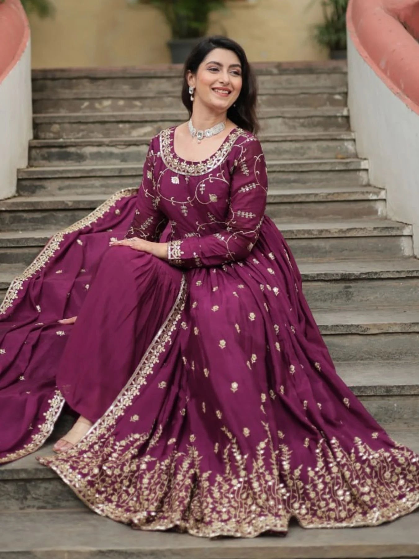 Stunning Wine Color Chinon Designer Embroidered Salwar Suit
