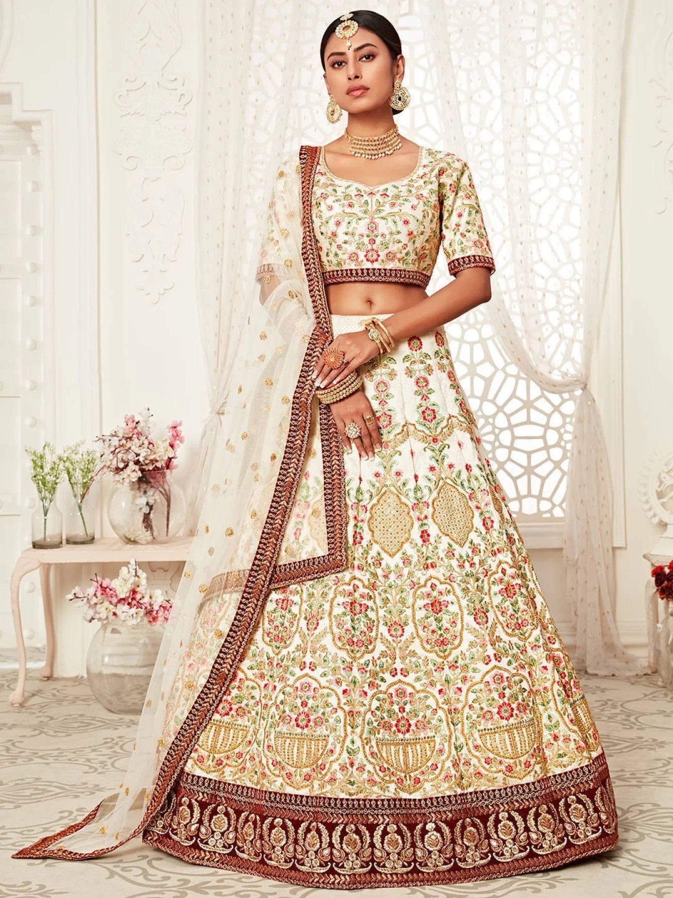 Off White Embroidered Art Silk Extravagant Wedding Lehenga Choli at Best Offer Rates