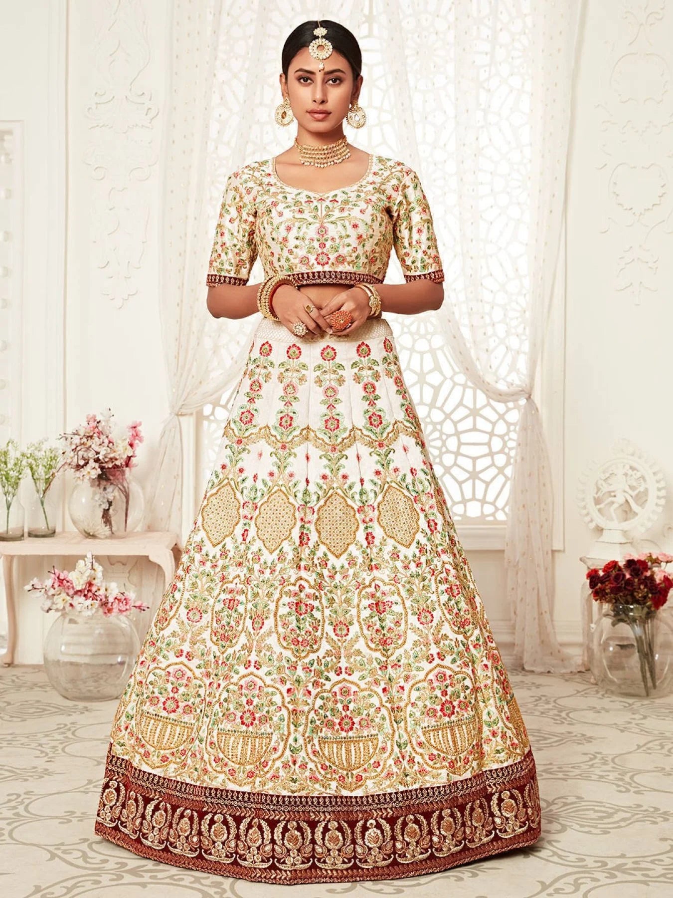 Off White Embroidered Art Silk Extravagant Wedding Lehenga Choli at Best Offer Rates
