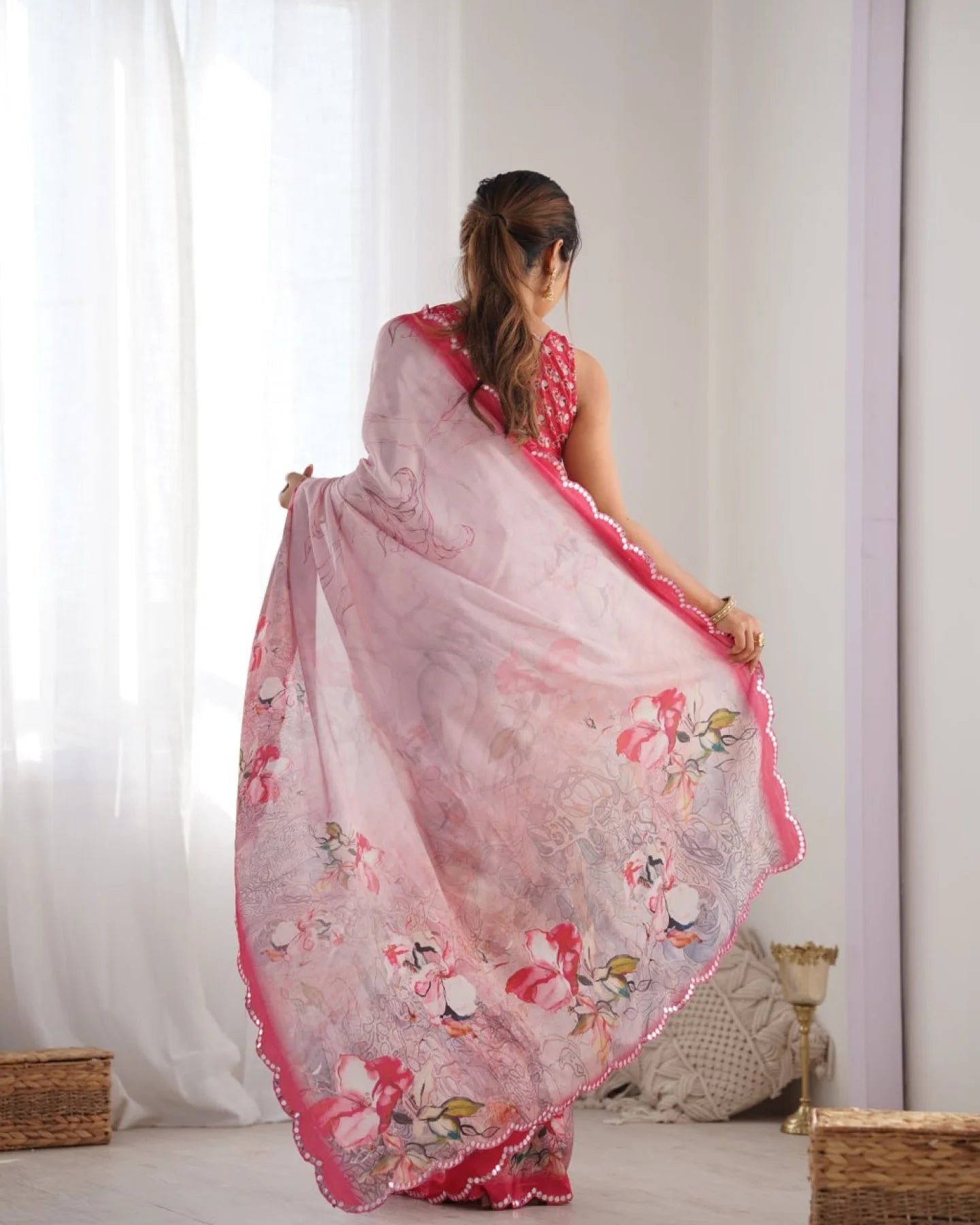 Baby Pink Chinon Saree with Pure Kutchi Mirror Work Lace Special Occasion Wear from Top Surat Supplier