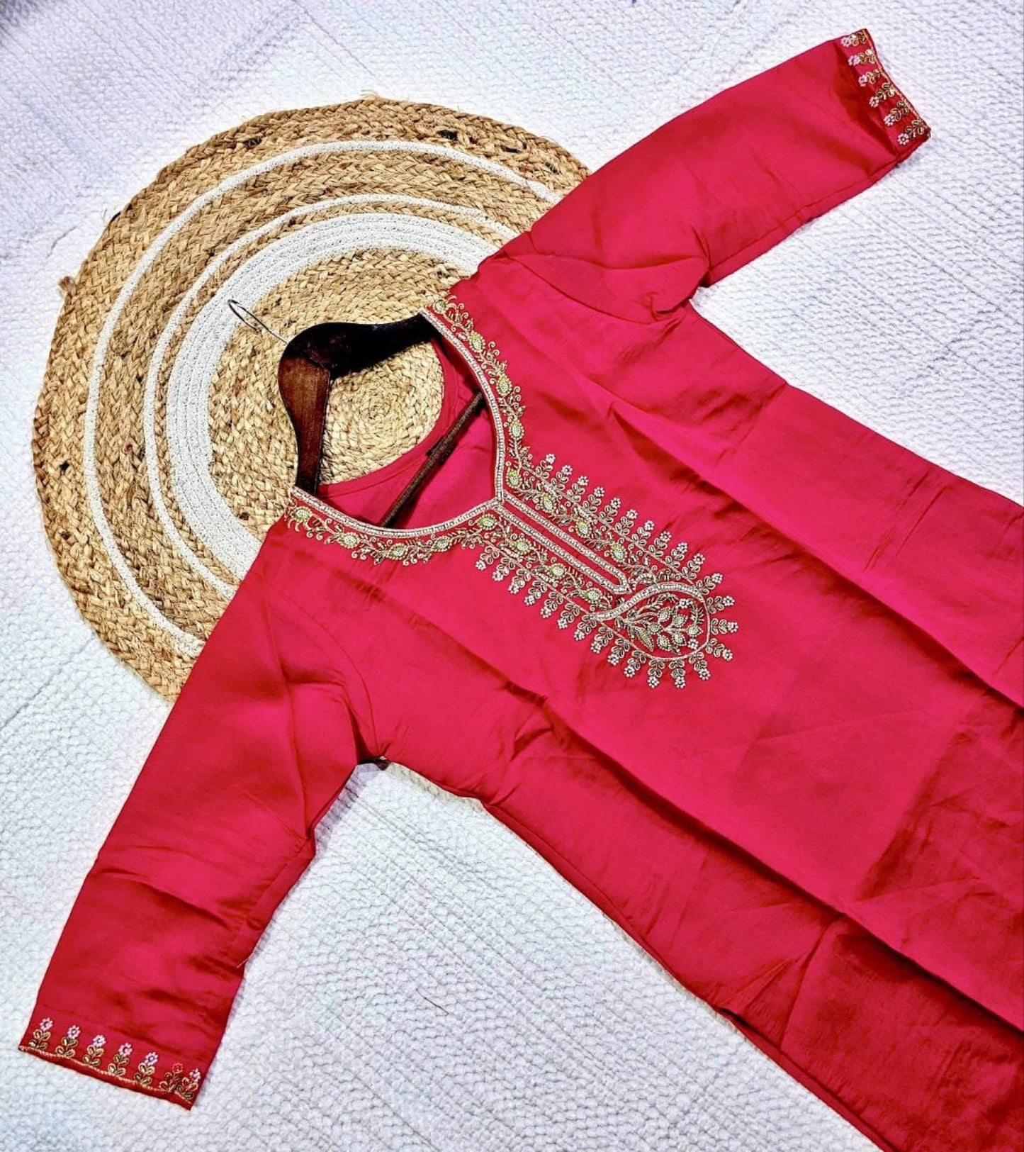 Bead Work Viscose Chanderi Kurti Suit Set with Printed Organza Dupatta Ready to Wear 3 Piece Set at Manufacturer Rate
