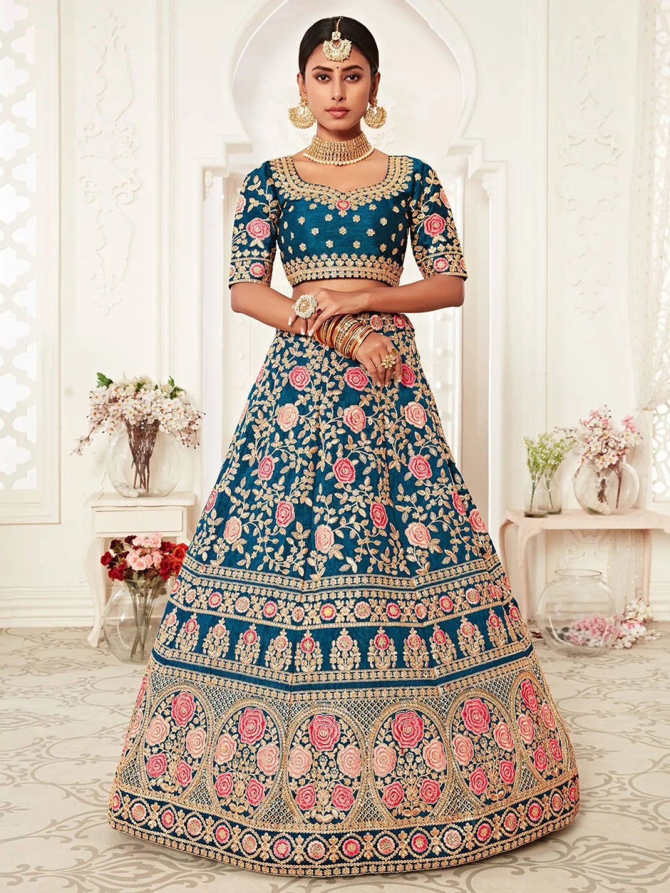 Regal Blue Bridal Lehenga Choli Set Slub Silk Traditional Set with Heavy Embroidery Work for Weddings