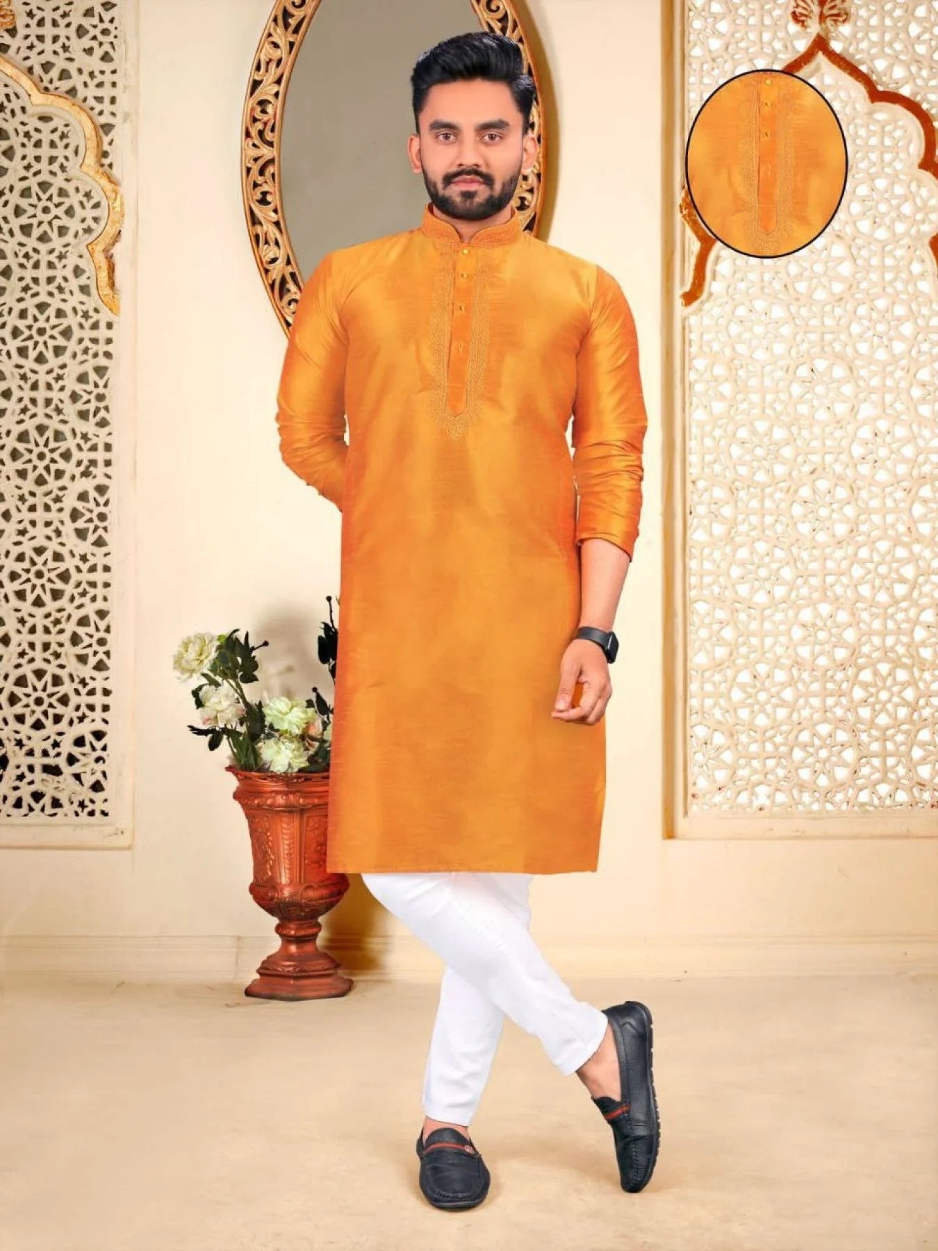 Remarkable Men's Traditional Pure Malbari Cotton Kurta with Embroidery Neck Patter