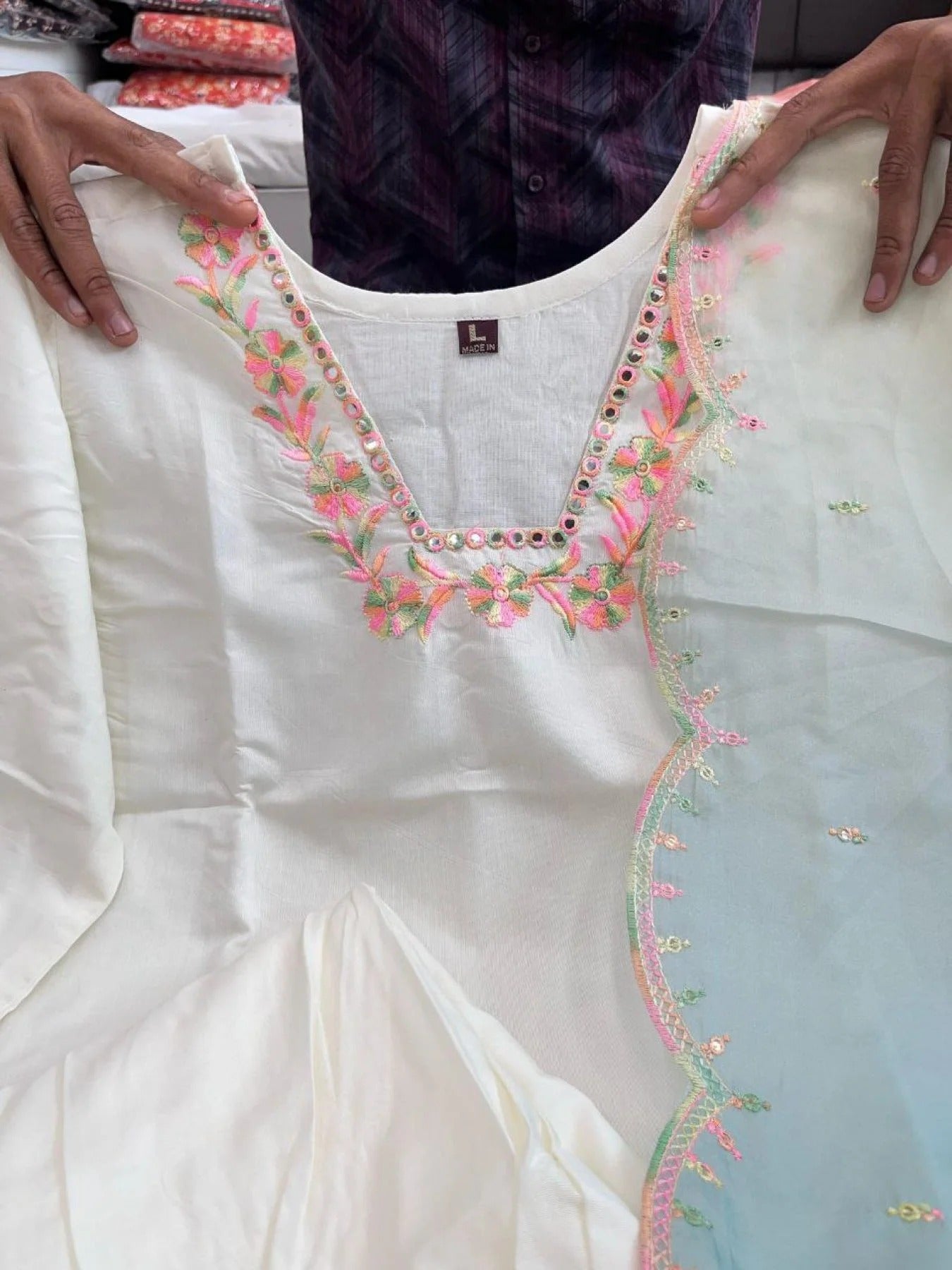 Bollywood Style Multicolor Embroidered Sharara Set in Banana Cotton Ready to Wear Party Palazzo Suit