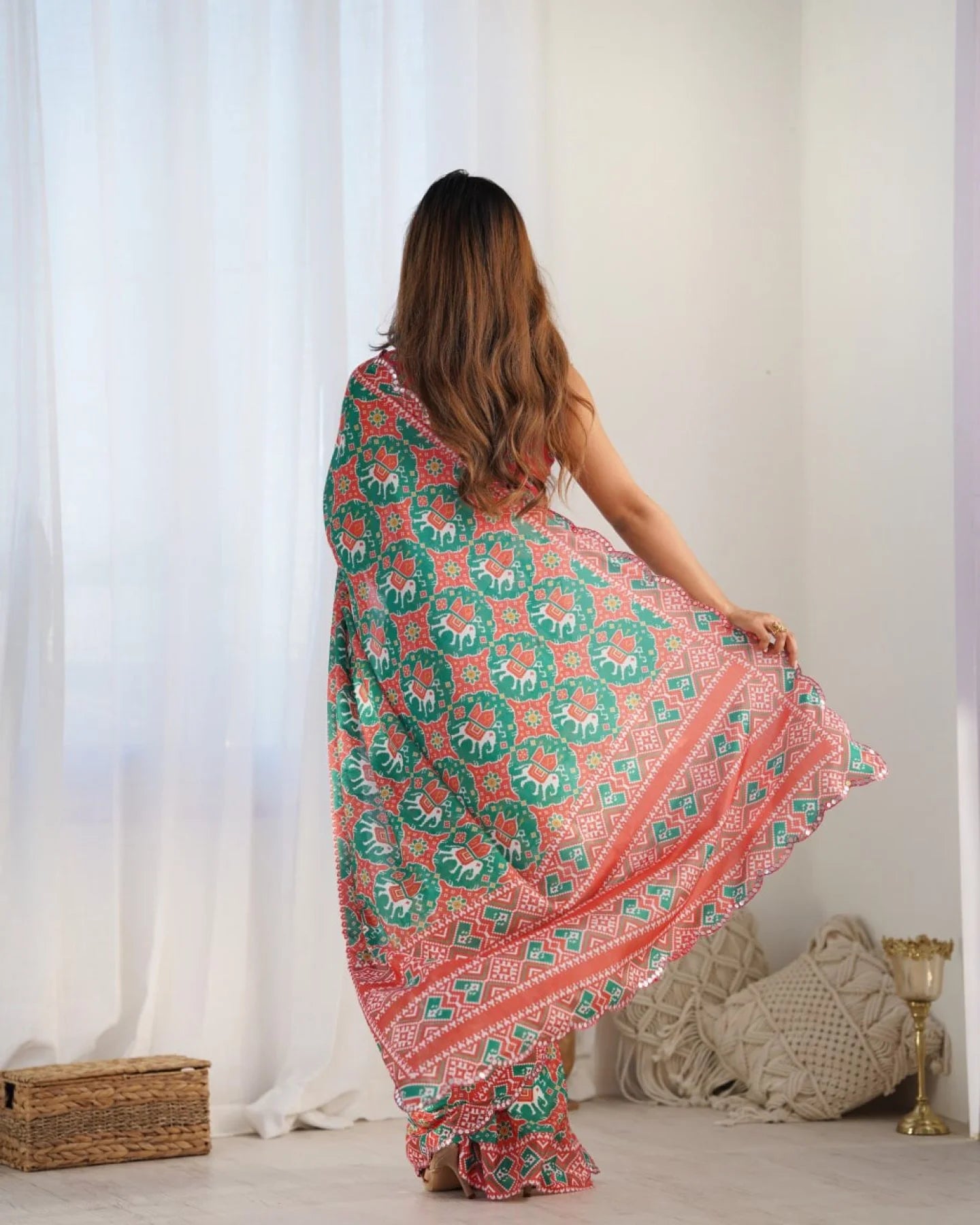 Designer Green Chinnon Mirror Lace Saree for Women Ethnic Kutchi Work Festive Wear Saree Surat Manufacturer