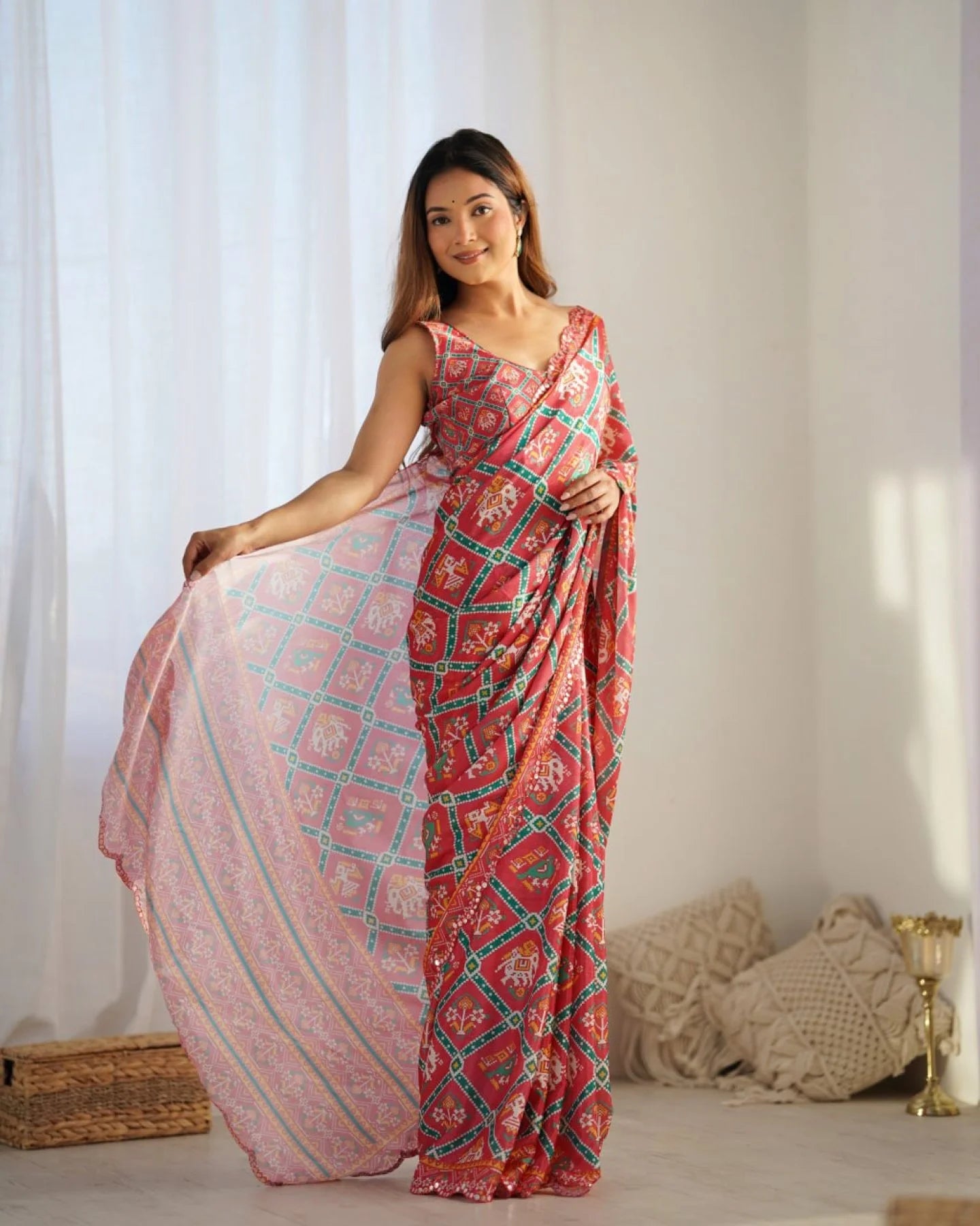 Online Shopping Deal Heavy Printed Chinon Saree with Fancy Mirror Work Lace for Women