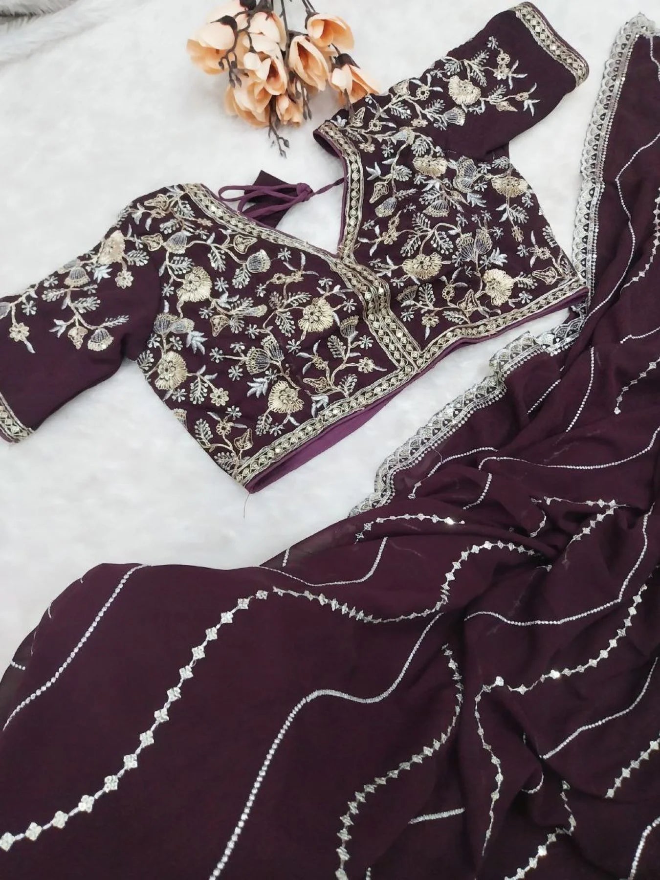 Stylish Soft Georgette Wine Designer Party Wear Saree with Fine Embroidery Sequins