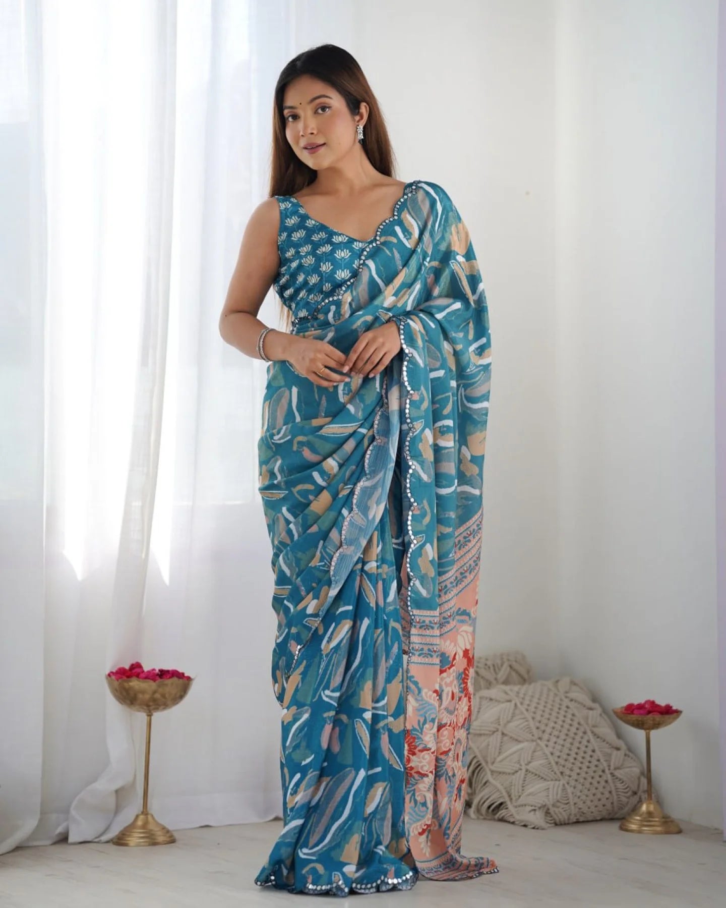Teal Blue Chinon Mirror Work Saree Best Online Offer for Trusted Surat Supplier