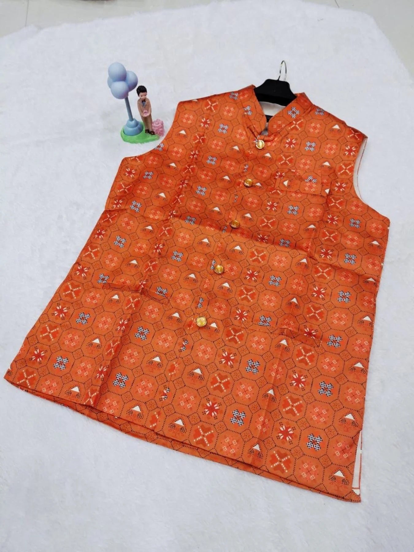 Popular Mens Cotton Linen Orange Printed Kurta & Jacket Set Full 3 Piece Ready Collection Wholesale Offer 2025 Collection