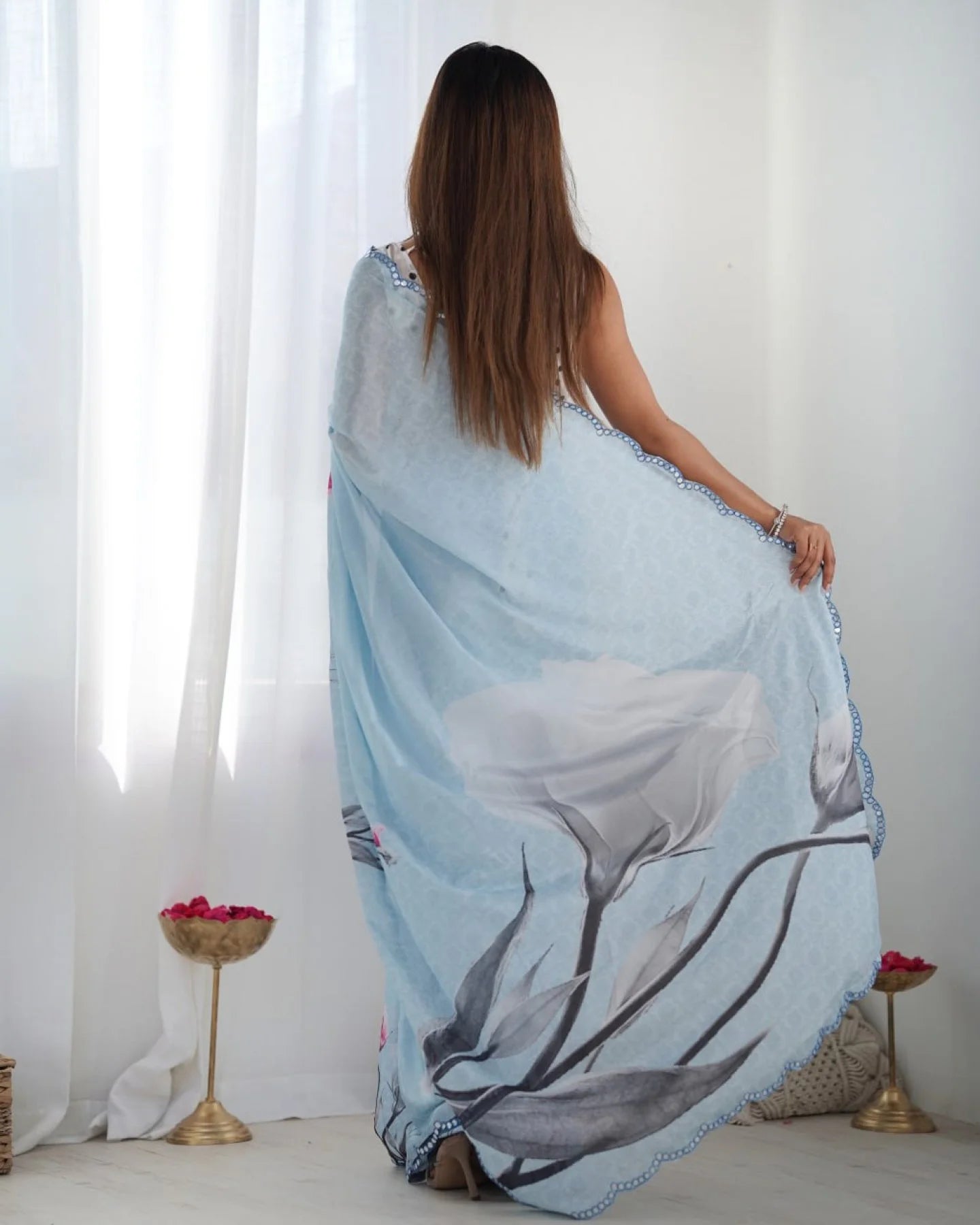 Sky Blue Chinon Weaving Saree with Elegant Mirror Lace Daily Wear Collection for Resellers at Best Price