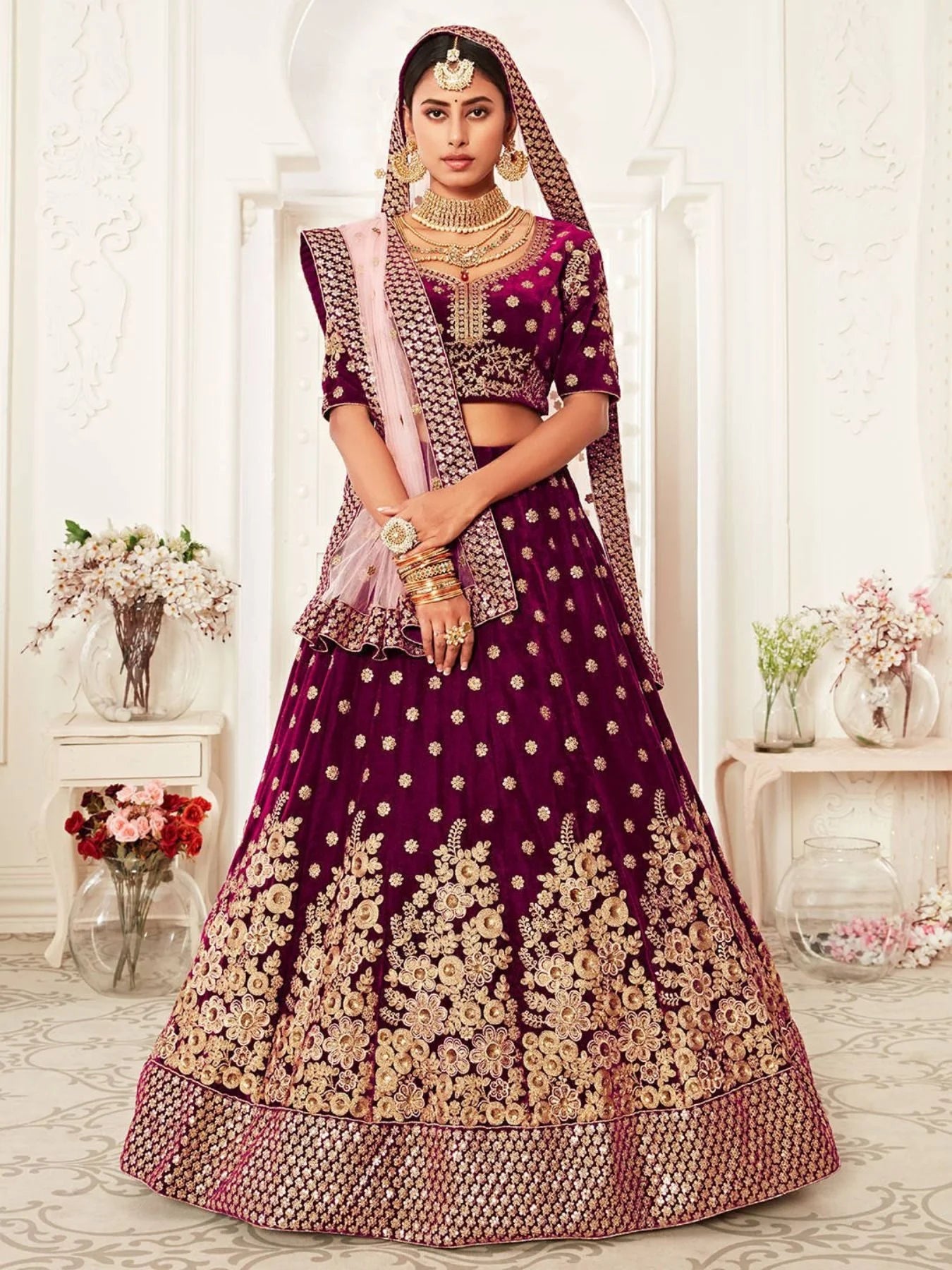 Purple Velvet Bridal Lehenga Choli Set Dori Zari Sequins Embroidery Surat Wholesaler