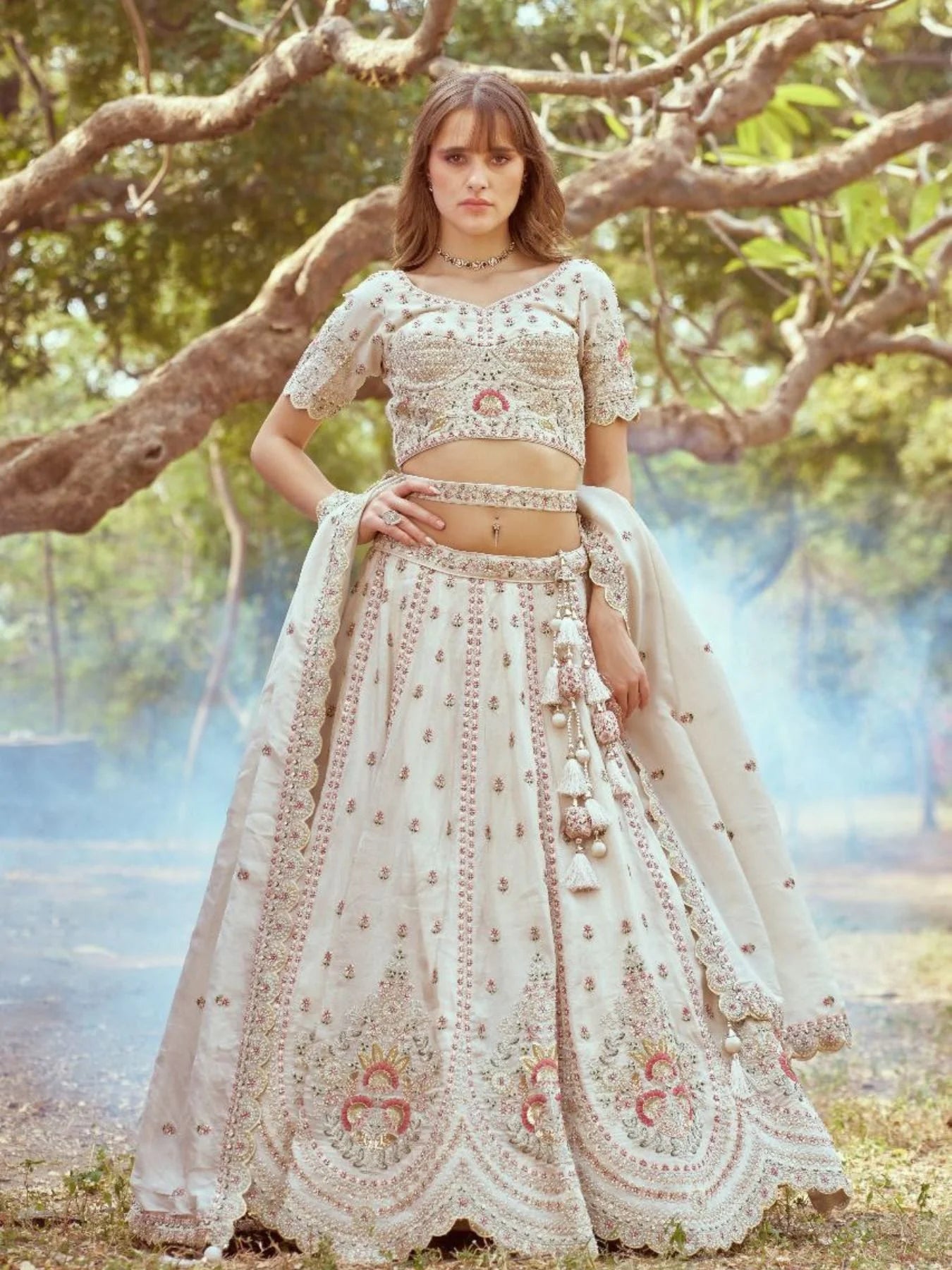 Surat Premium Bridal Tissue Lehenga Heavy Cream Set with Zari, Stone & Beads Work Latest Exporter Design at Wholesale Price