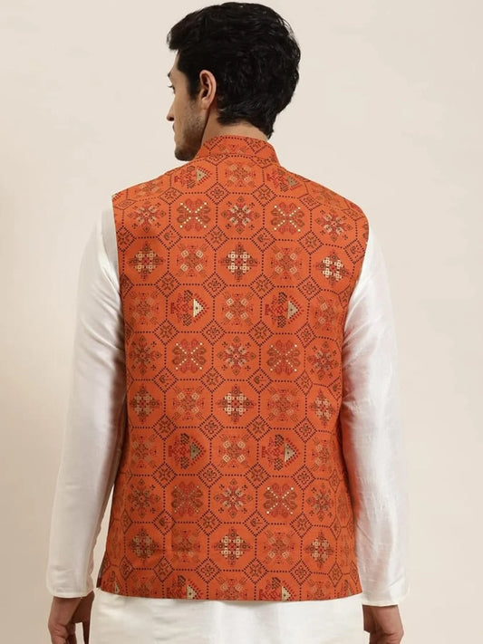 Popular Mens Cotton Linen Orange Printed Kurta & Jacket Set Full 3 Piece Ready Collection Wholesale Offer 2025 Collection