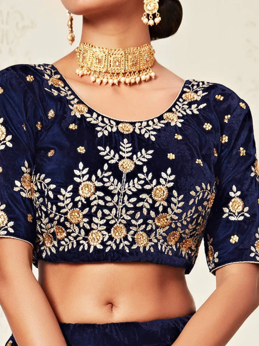Luxury Navy Blue Velvet Lehenga Choli with Zari Diamond Work Best Offer from Manufacturer at Wholesale Price