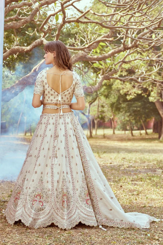 Surat Premium Bridal Tissue Lehenga Heavy Cream Set with Zari, Stone & Beads Work Latest Exporter Design at Wholesale Price