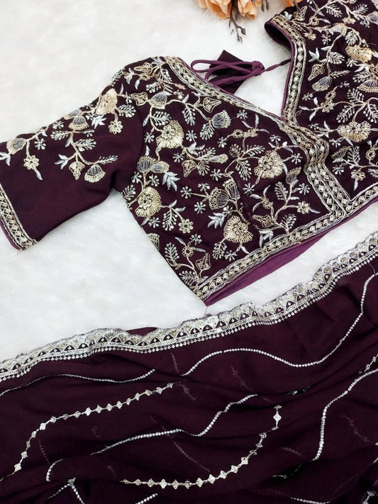 Stylish Soft Georgette Wine Designer Party Wear Saree with Fine Embroidery Sequins