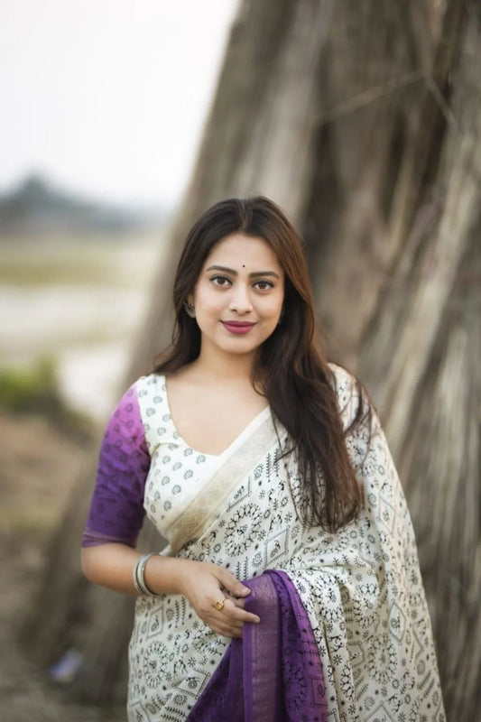 New Fancy Worli Cotton Crepe Saree with Zari Woven Border Soft Pashmina Silk