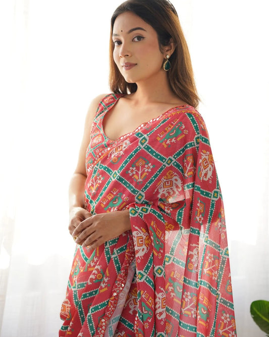 Online Shopping Deal Heavy Printed Chinon Saree with Fancy Mirror Work Lace for Women