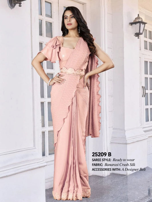 Crepe Satin Silk Thread Sequence Work Ready To Plated Party Wear Saree With Moti Work At Lowest Price