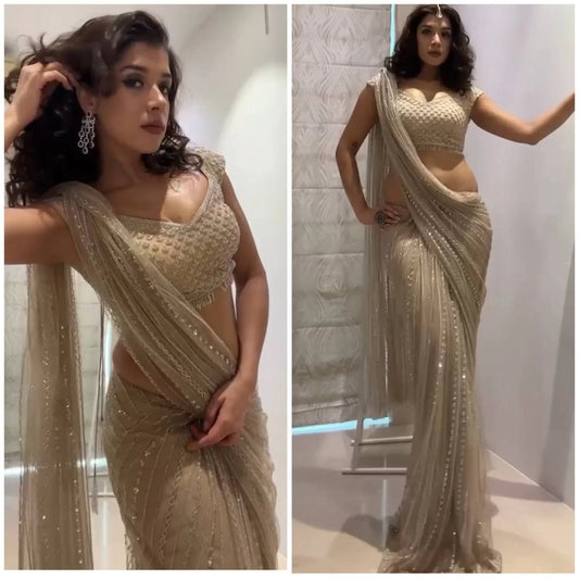 Stunning Butterfly Net Ready-to-Wear Embroidered Saree with Sequins Work