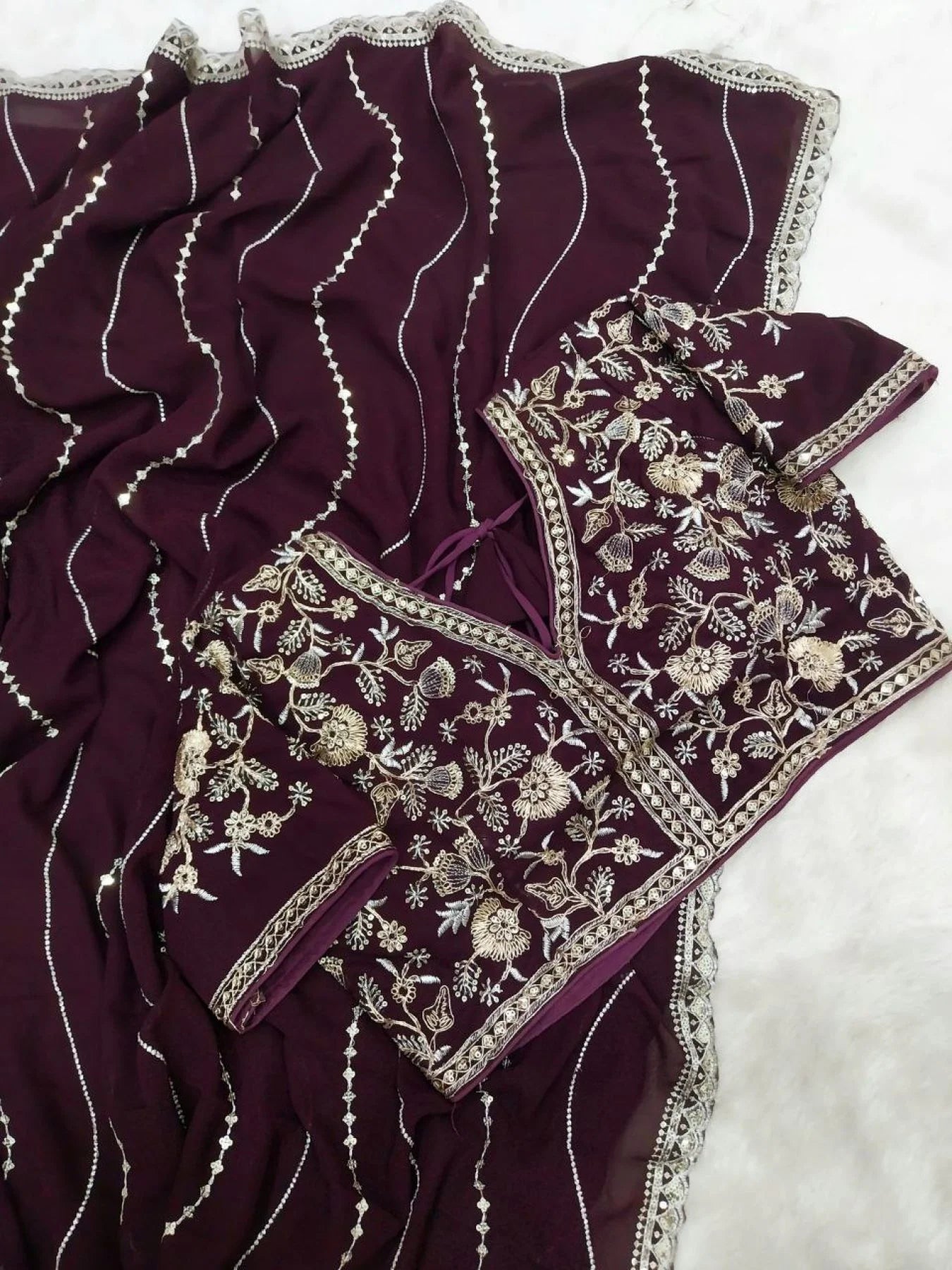 Stylish Soft Georgette Wine Designer Party Wear Saree with Fine Embroidery Sequins