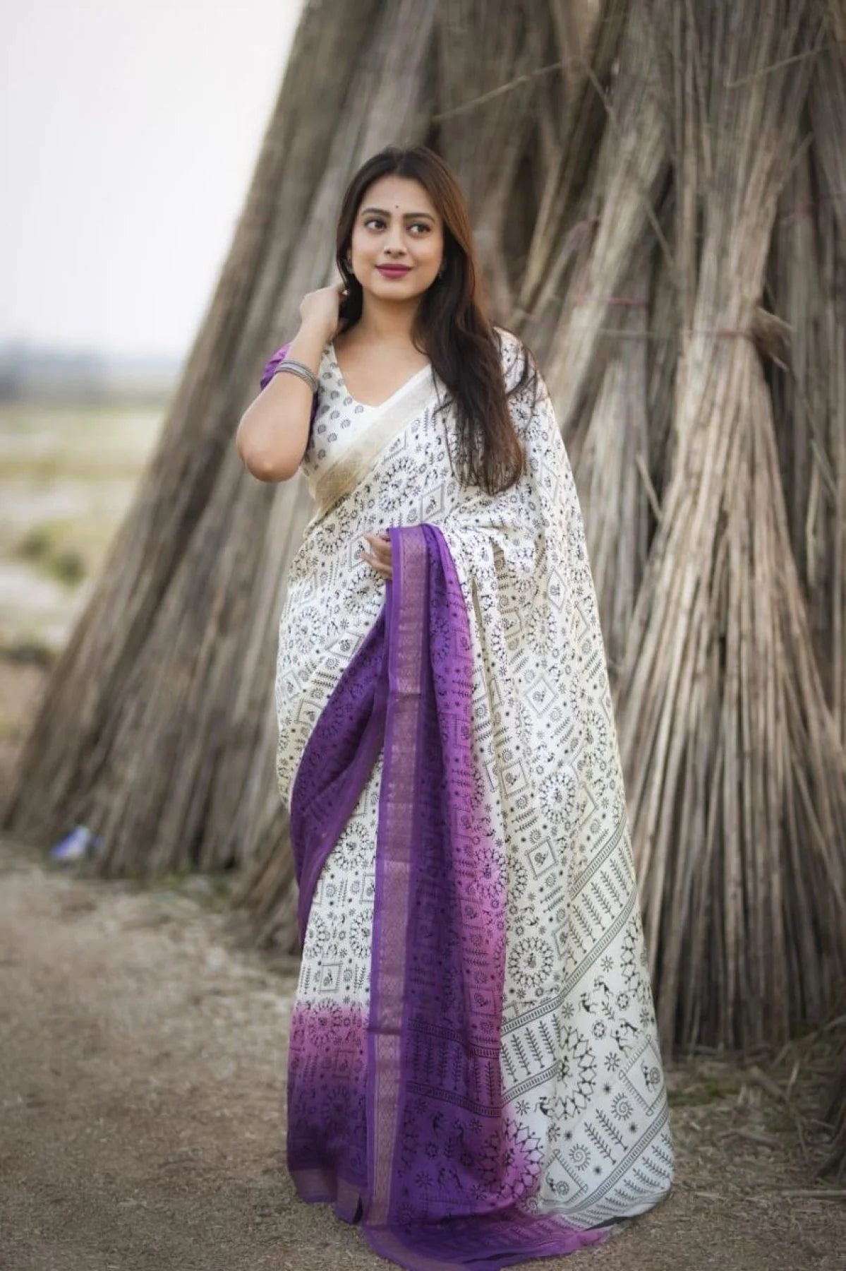 New Fancy Worli Cotton Crepe Saree with Zari Woven Border Soft Pashmina Silk