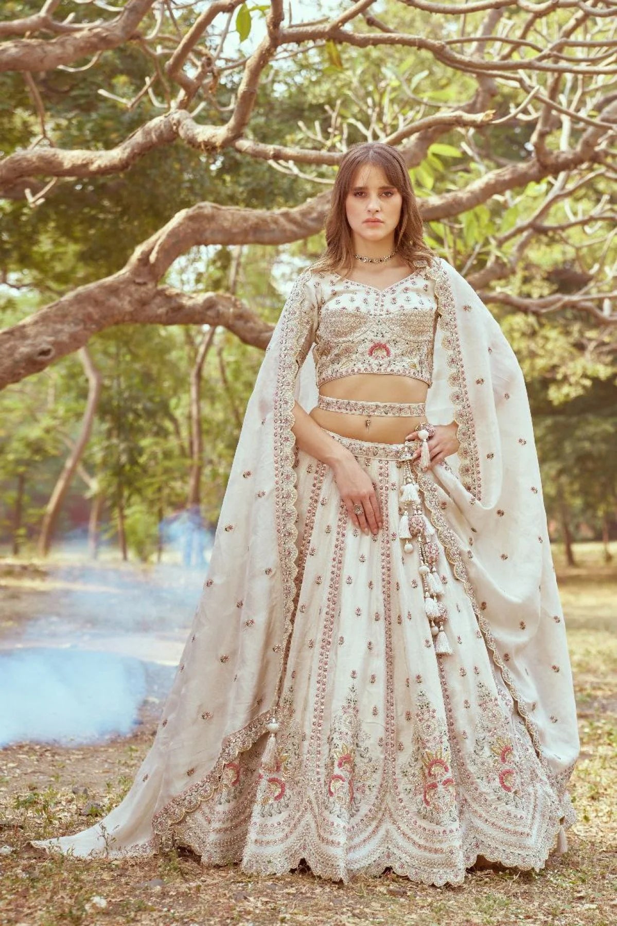 Surat Premium Bridal Tissue Lehenga Heavy Cream Set with Zari, Stone & Beads Work Latest Exporter Design at Wholesale Price