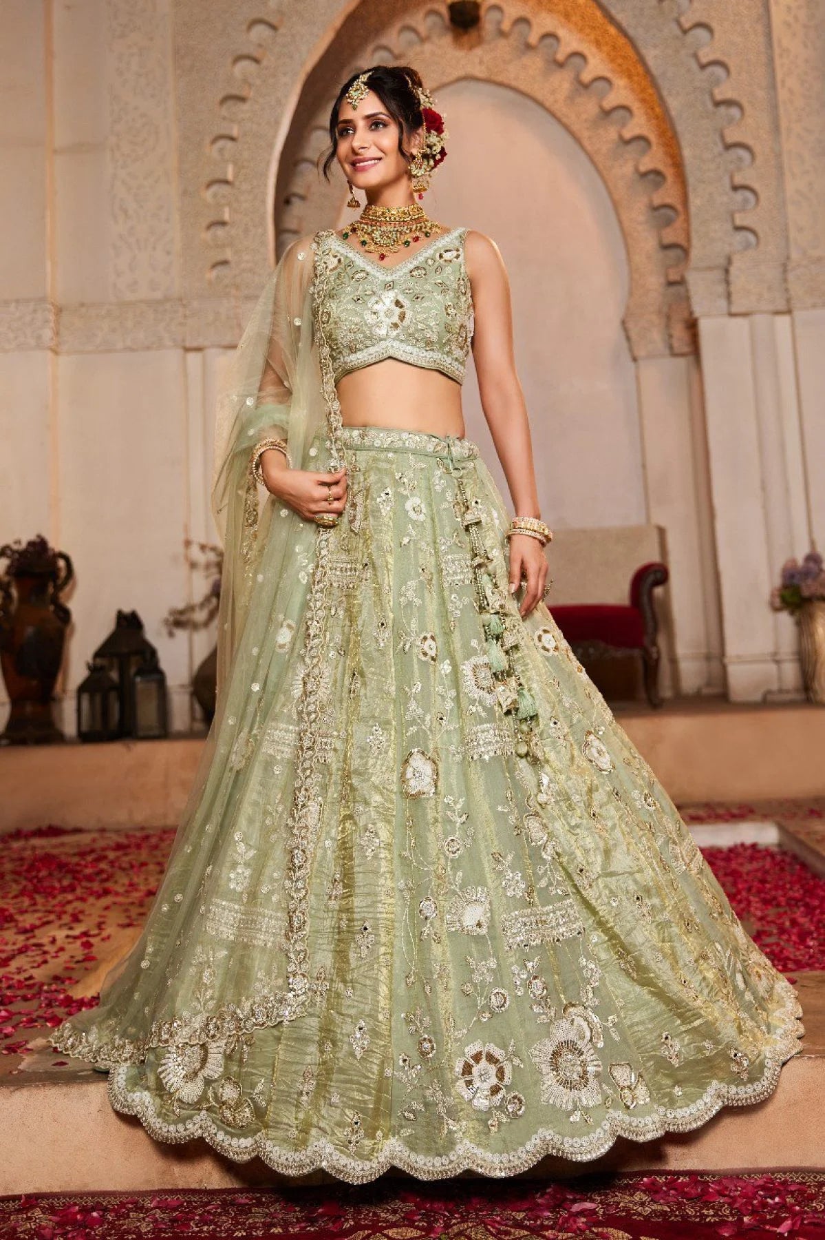 Designer Pista Green Lehenga Choli with Heavy Embroidery Cut Work Border Wholesale Supplier Surat