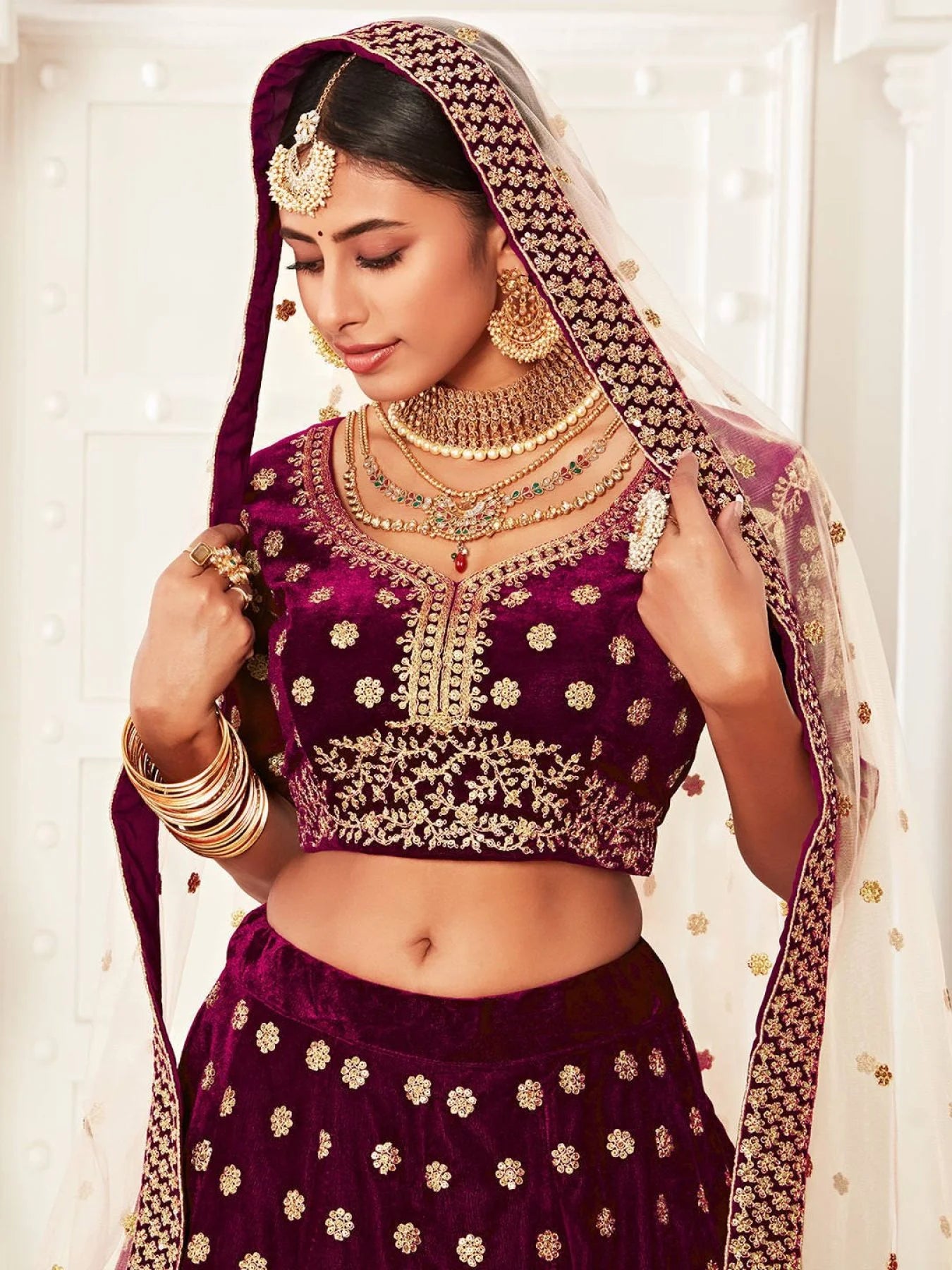 Purple Velvet Bridal Lehenga Choli Set Dori Zari Sequins Embroidery Surat Wholesaler