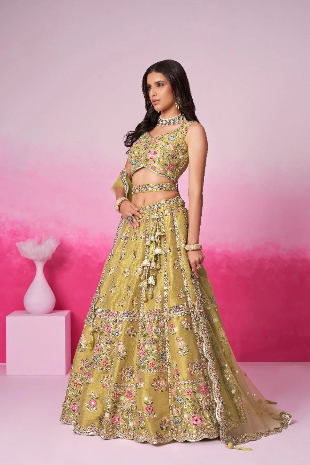 Mustard Bridal Net Lehenga Mirror Moti &Thread Work with Tassel Belt Semi Stitched Export Design for Dealers