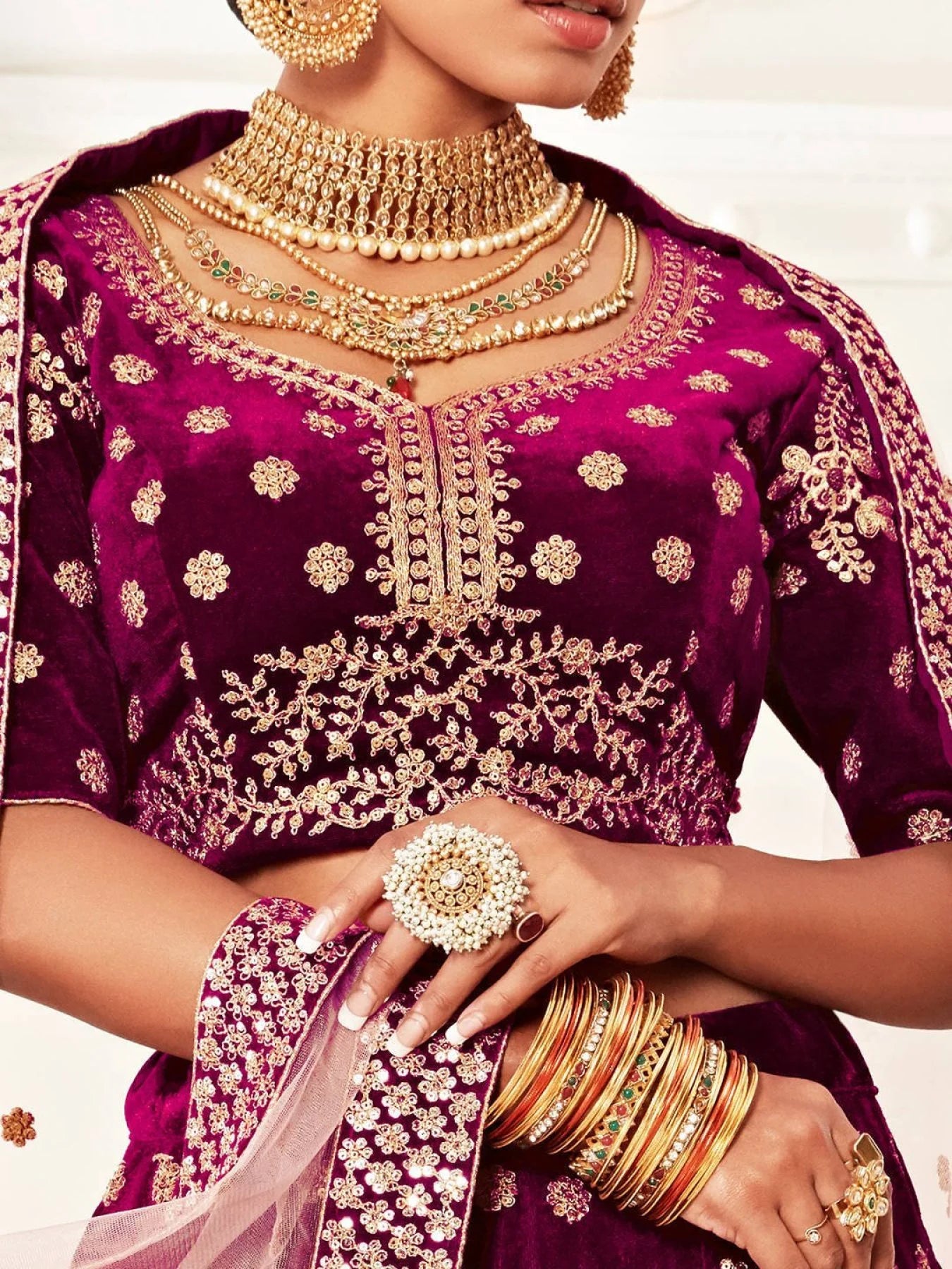 Purple Velvet Bridal Lehenga Choli Set Dori Zari Sequins Embroidery Surat Wholesaler