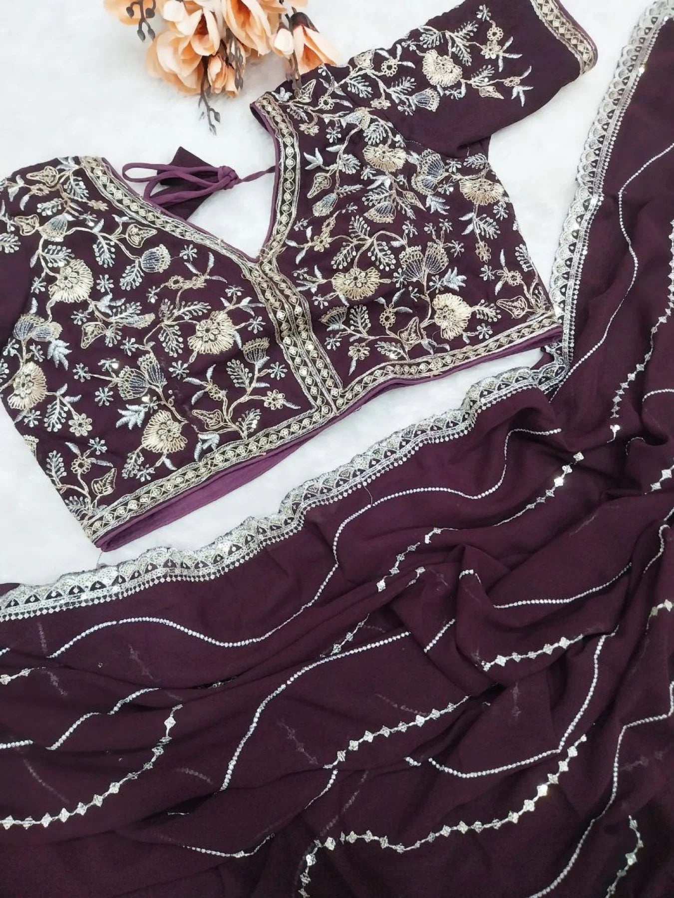 Stylish Soft Georgette Wine Designer Party Wear Saree with Fine Embroidery Sequins