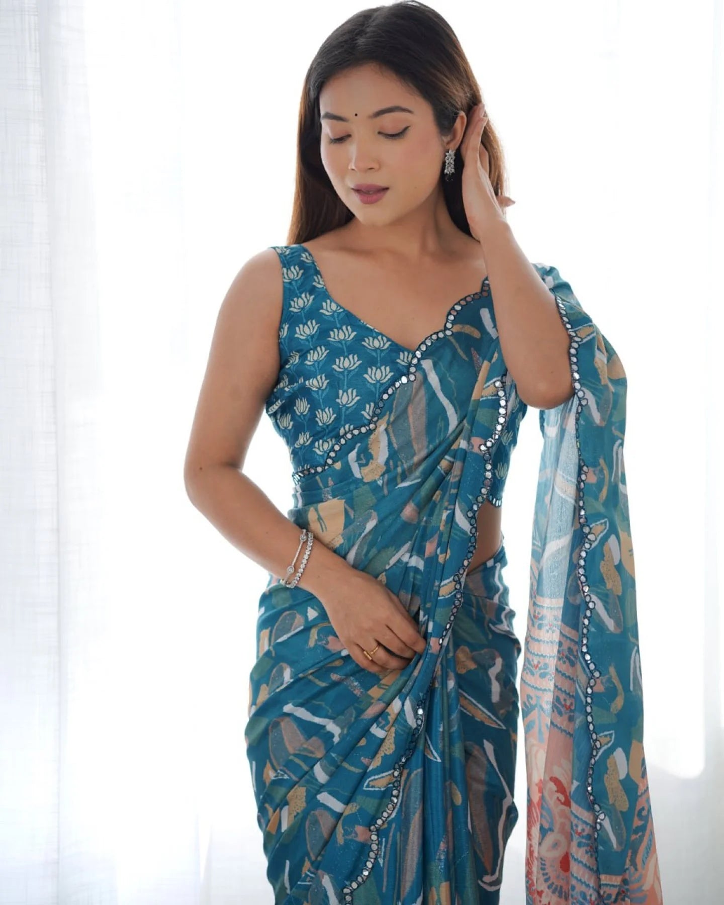 Teal Blue Chinon Mirror Work Saree Best Online Offer for Trusted Surat Supplier