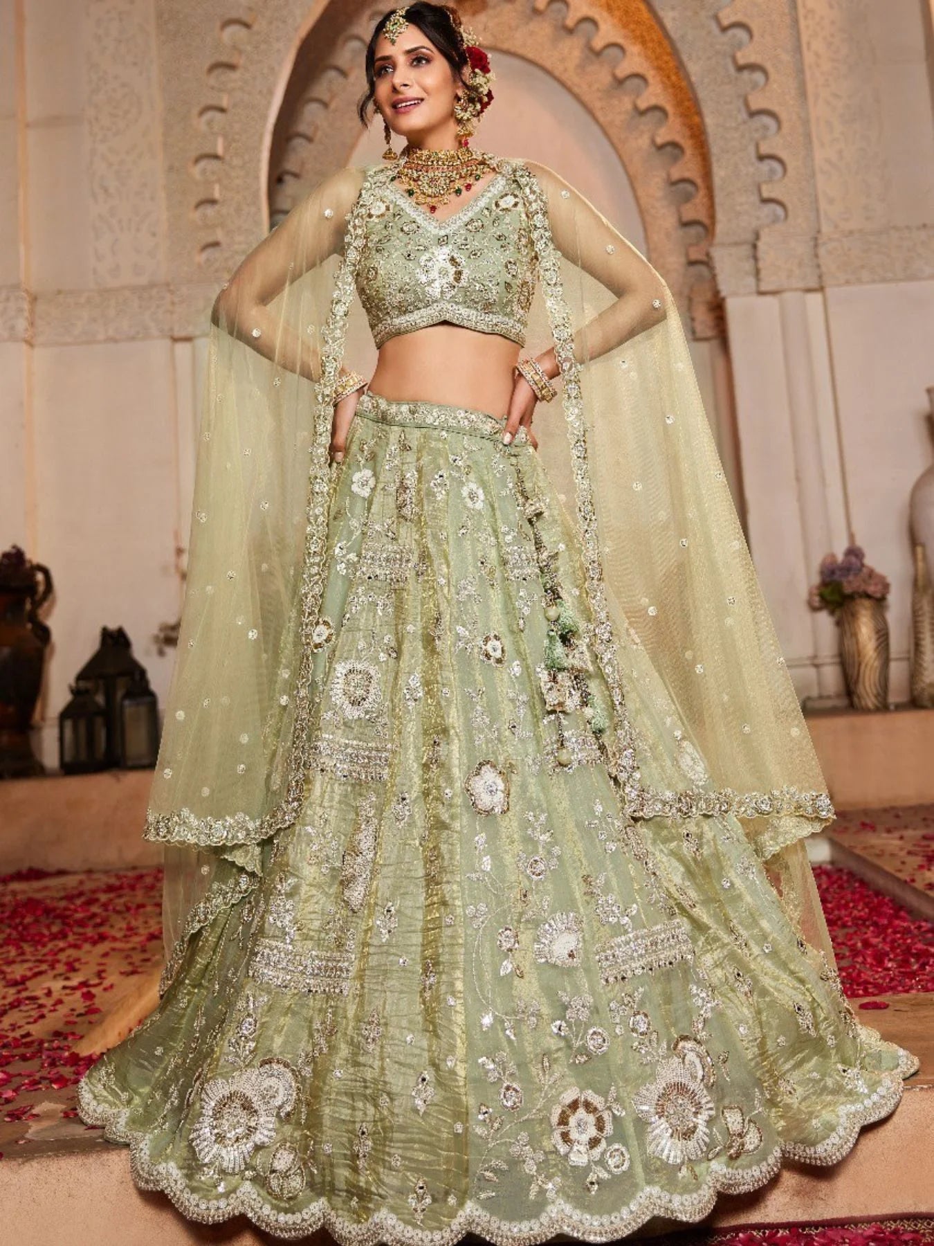 Designer Pista Green Lehenga Choli with Heavy Embroidery Cut Work Border Wholesale Supplier Surat