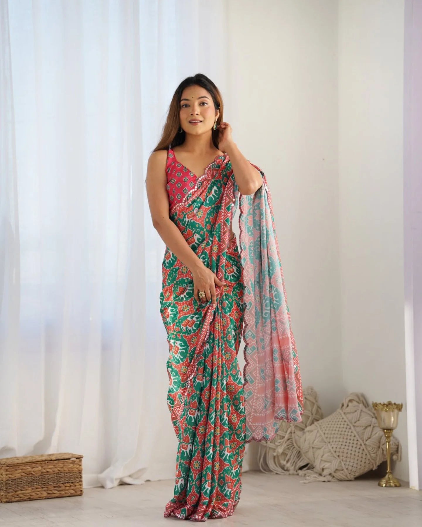 Designer Green Chinnon Mirror Lace Saree for Women Ethnic Kutchi Work Festive Wear Saree Surat Manufacturer
