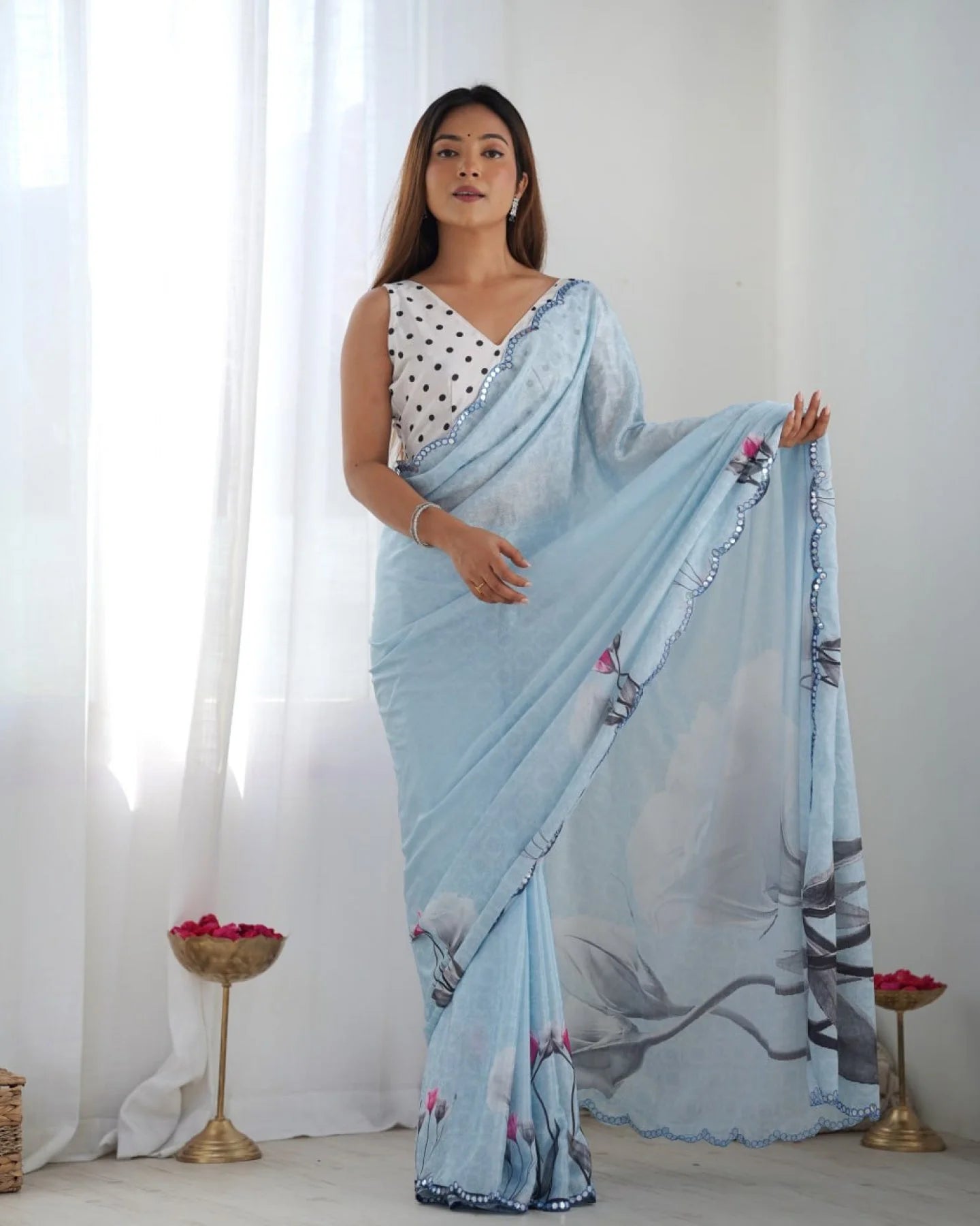 Sky Blue Chinon Weaving Saree with Elegant Mirror Lace Daily Wear Collection for Resellers at Best Price