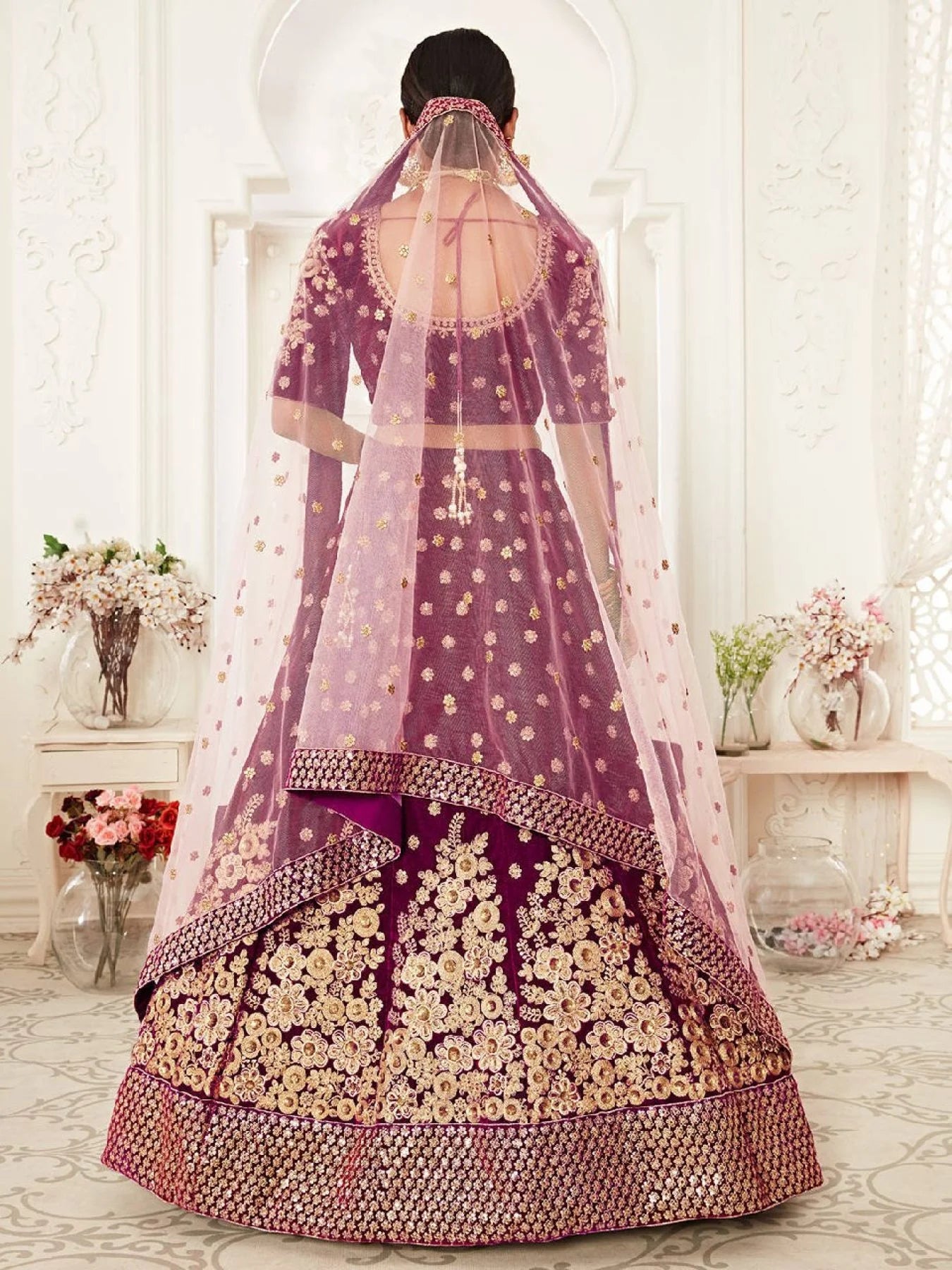 Purple Velvet Bridal Lehenga Choli Set Dori Zari Sequins Embroidery Surat Wholesaler