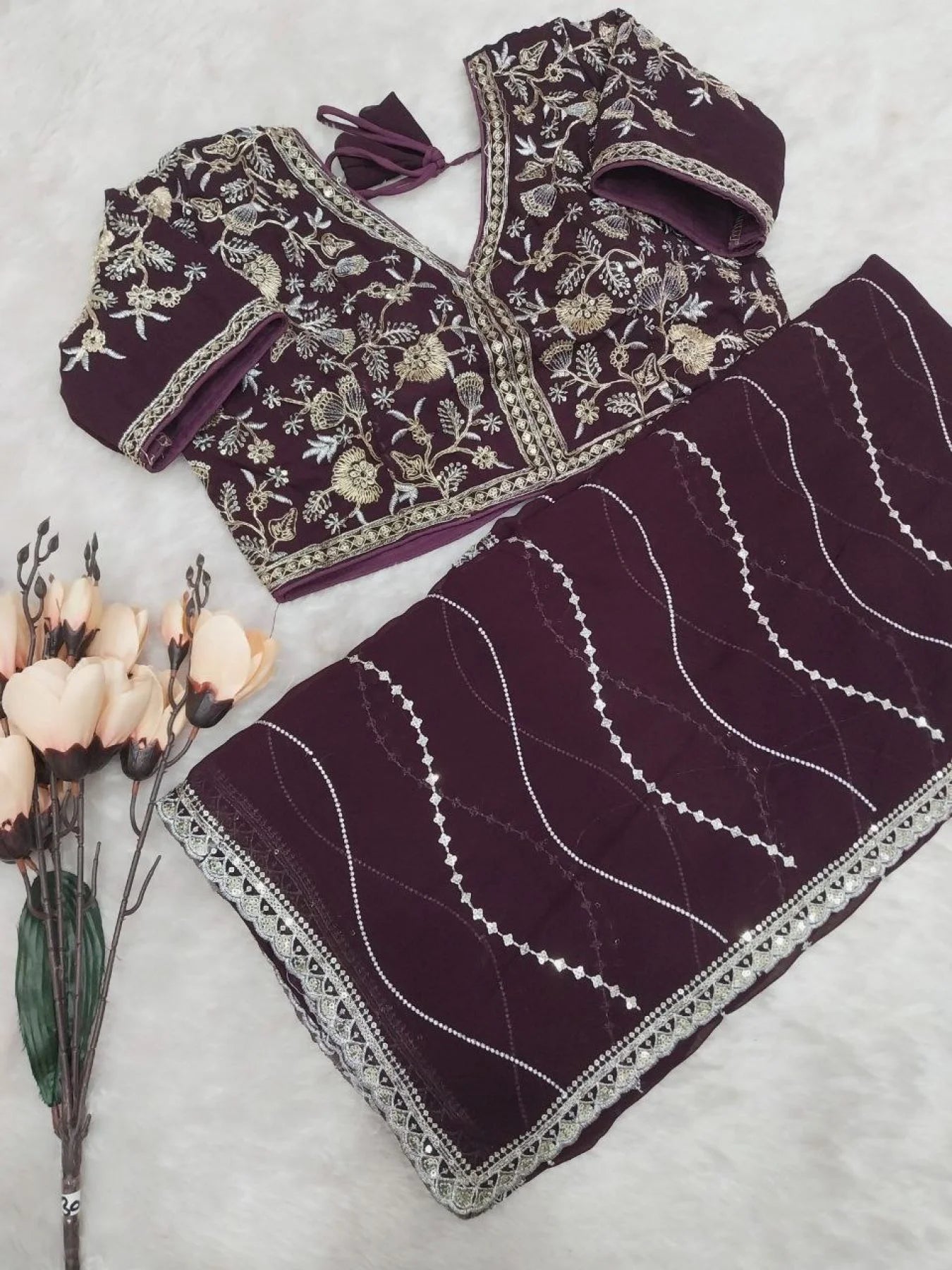 Stylish Soft Georgette Wine Designer Party Wear Saree with Fine Embroidery Sequins